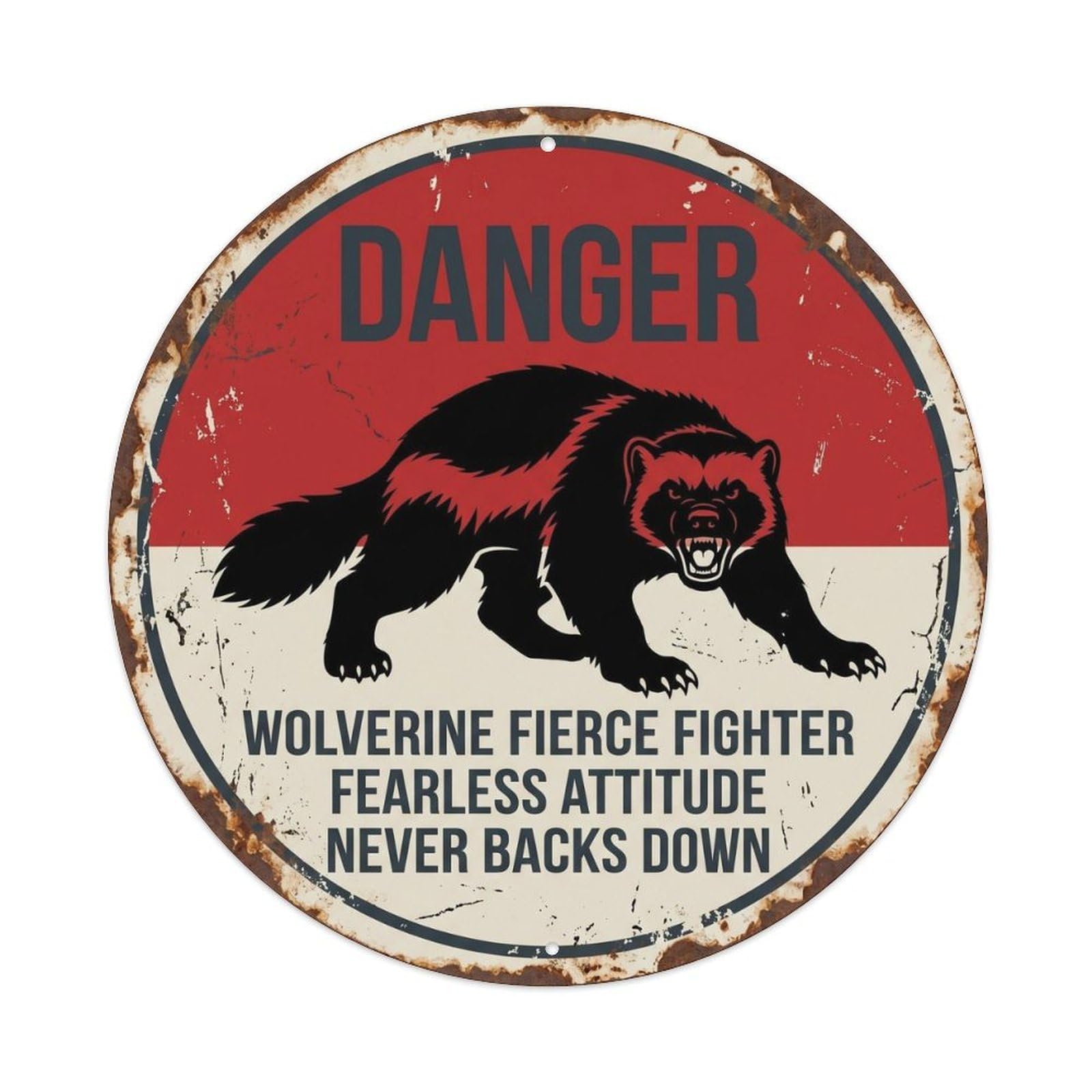 Warning Notice Wolverine Fierce Fighter Satirical Wildlife Hazard Metal Tin Sign Plaque Wall Decor for Cafe, Man Cave, Club Bar, Office, Home Garden Round Metal Poster 8x8Inch