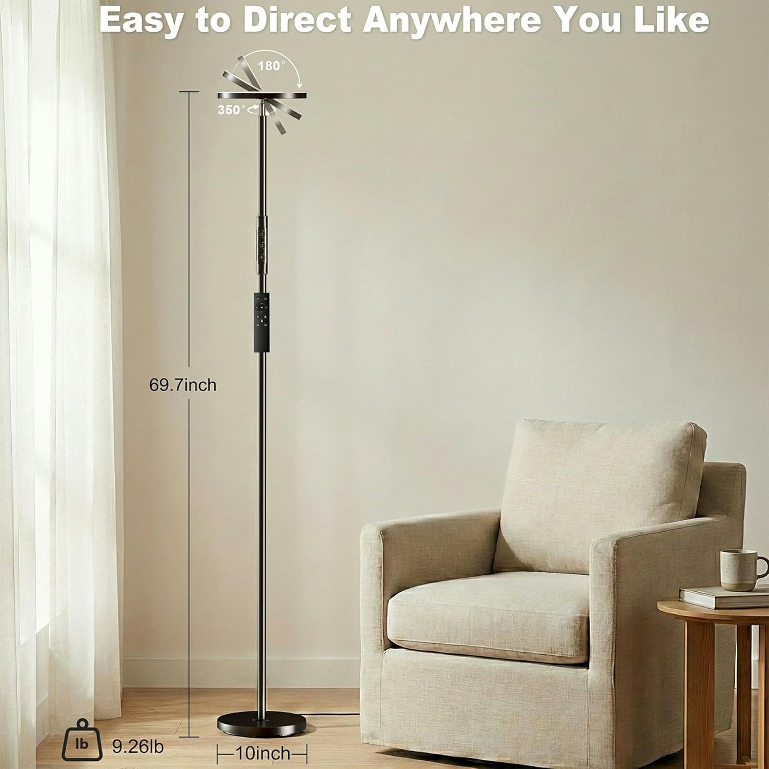 Super Bright Floor Lamp for Living Room, Stepless Dimmable LED Standing Lamp with Remote and Touch Control, 69” Tall Torchiere Corner Lamp for Bedroom Office Hotel, Black