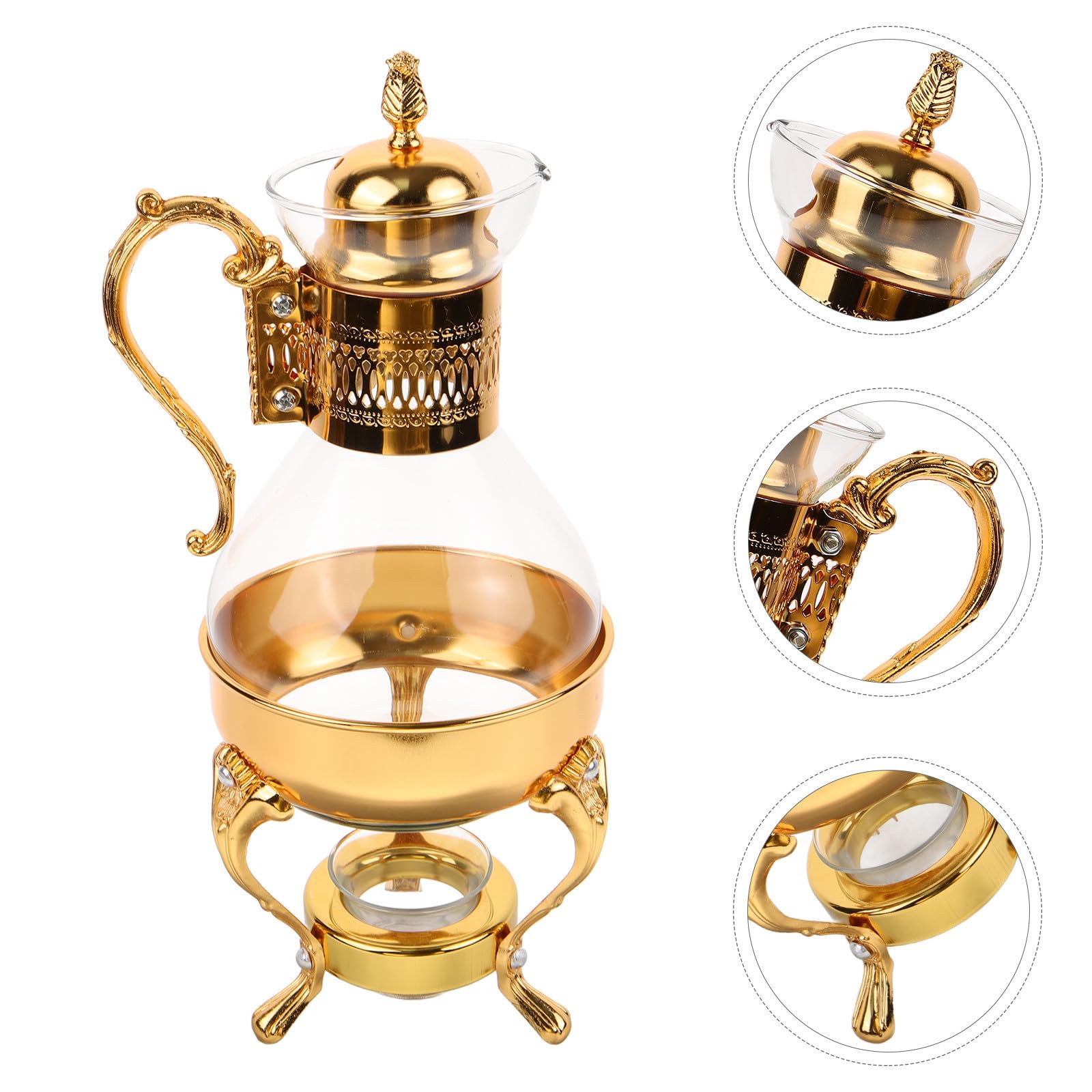 CLISPEED Arabische Teekanne aus Glas Kaffee Servierset mit Tassen und Tablett aus Glas und Aluminiumlegierung Goldfarben Beheizbar für Zuhause und Hotel Vintage Stil