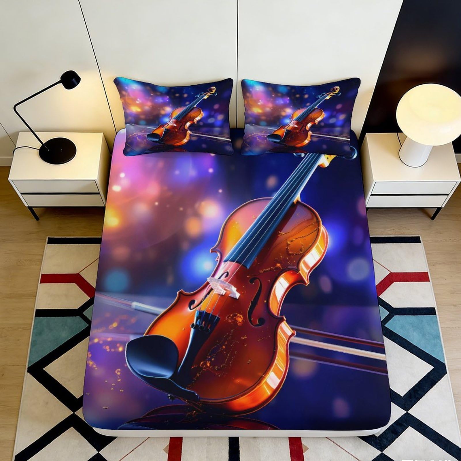3D Printed Violin Art Fitted Sheet Microfiber Soft Musical Instrument Bed Cover for Bedroom Dorm Mattress Decor 90x200x25cm