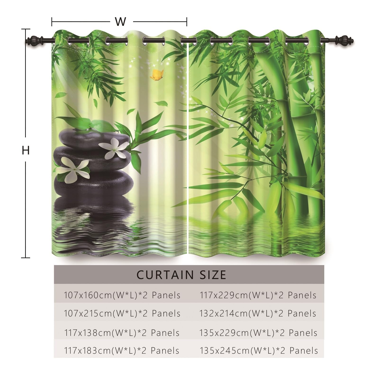 117x183cm SPA Yoga Cortina con Ojales Bambú Verde Primavera Clara Guijarros Flores Meditación Relajante Zen Biombos térmicos Opacos Cortinas para Ventanas Dormitorio Sala de Estar,2 Panel