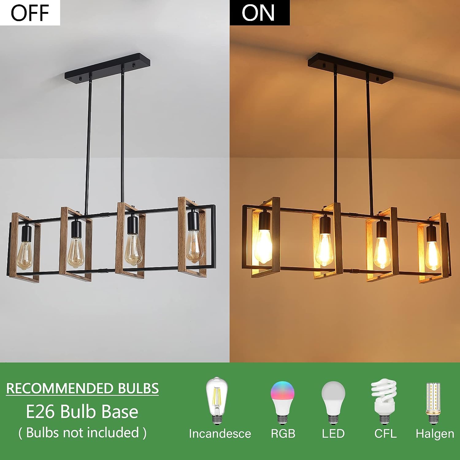 YangRy 4 Light Kitchen Island Linear Pendant Light, Farmhouse Dining Room Light Fixtures Over Rable Rustic Rectangle Chandelier Farmhouse Kitchen Light Fixtures Kitchen Hanging Lights (White Painted)