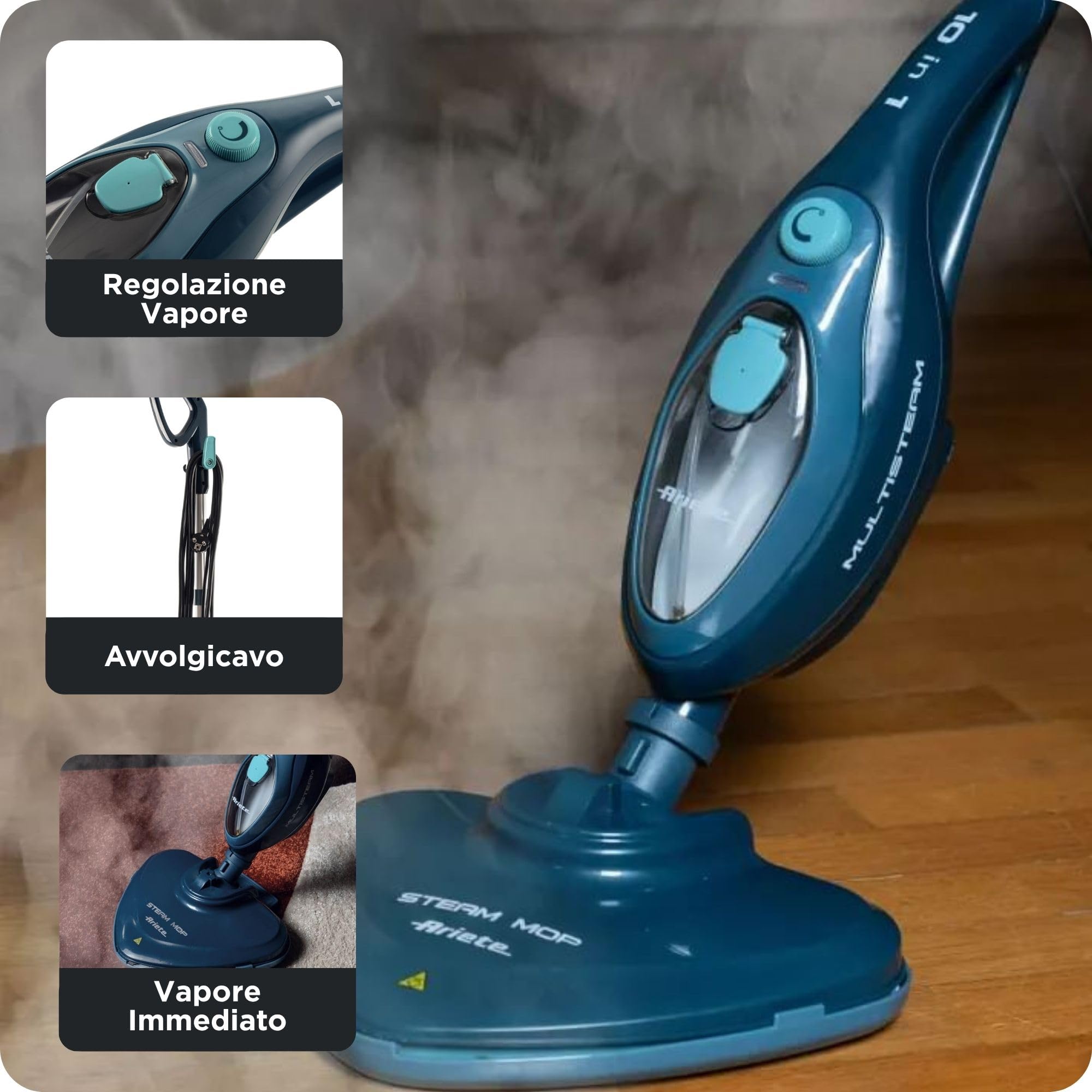 Ariete 4164 Steam mop 10 in 1, Scopa lavapavimenti a vapore, Uccide 99,9% di germi e batteri, Kit accessori, Autonomia illimitata, 1500 Watt, Blu