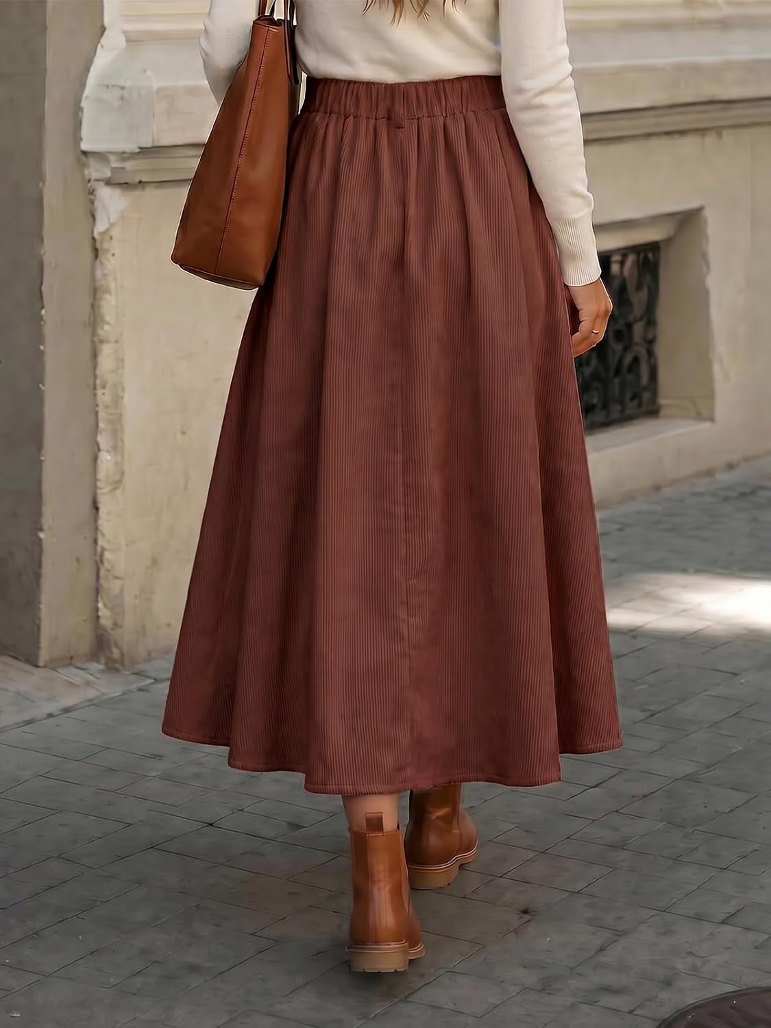 Flowyair Womens Corduroy Maxi Skirts High Waist A-Line Pleated Long Skirt
