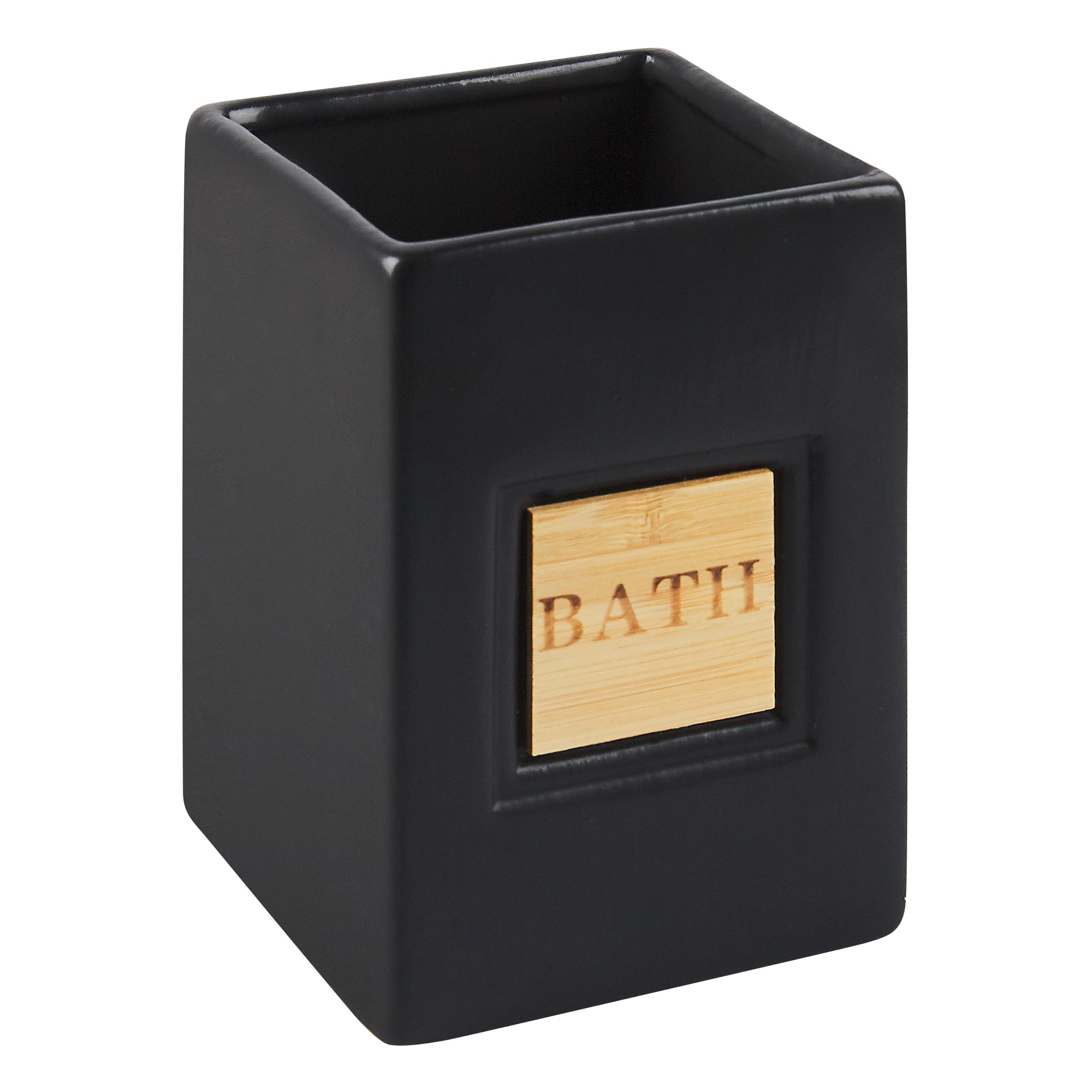 Set di 4 Accessori Bagno in Ceramica nero legno chiaro dispenser