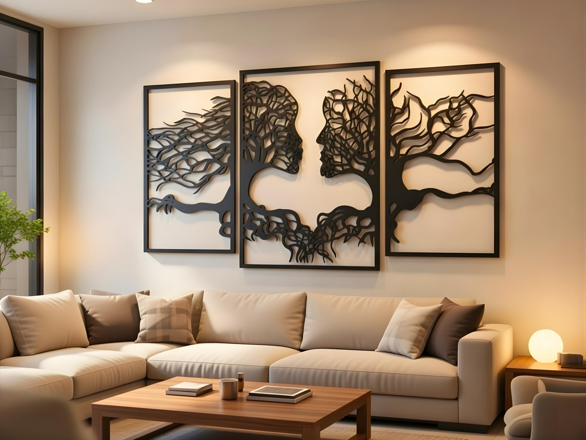 VAILLA Wanddeko 3D aus Holz XXL Wandbild Wohnzimmer & Schlafzimmer, Moderne Holzbilder Schwarze Wand Deko, Home Wall Art Dekoration Lebensbaum Motiv (Gesichter 2)