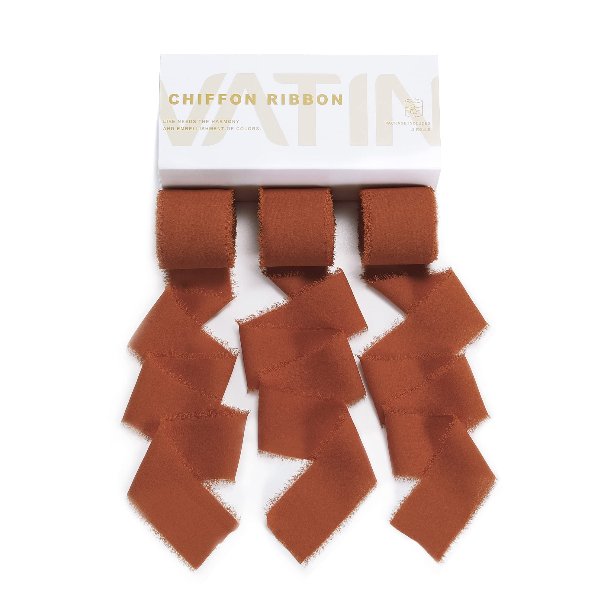 VATIN 3 Rolls Rust Red Handmade Fringe Chiffon Silk Ribbon Gauze 1.5" x 7Yd Ribbons Set for Wedding Invitations, Bridal Bouquets, Gifts Wrapping, DIY Crafts