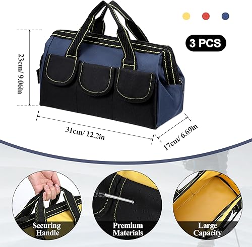 Miniatura 2 de Paquete de 3 bolsas de herramientas de boca ancha, organizador de herramientas eléctricas impermeables de 13 pulgadas, bolsa de taladro resistente,