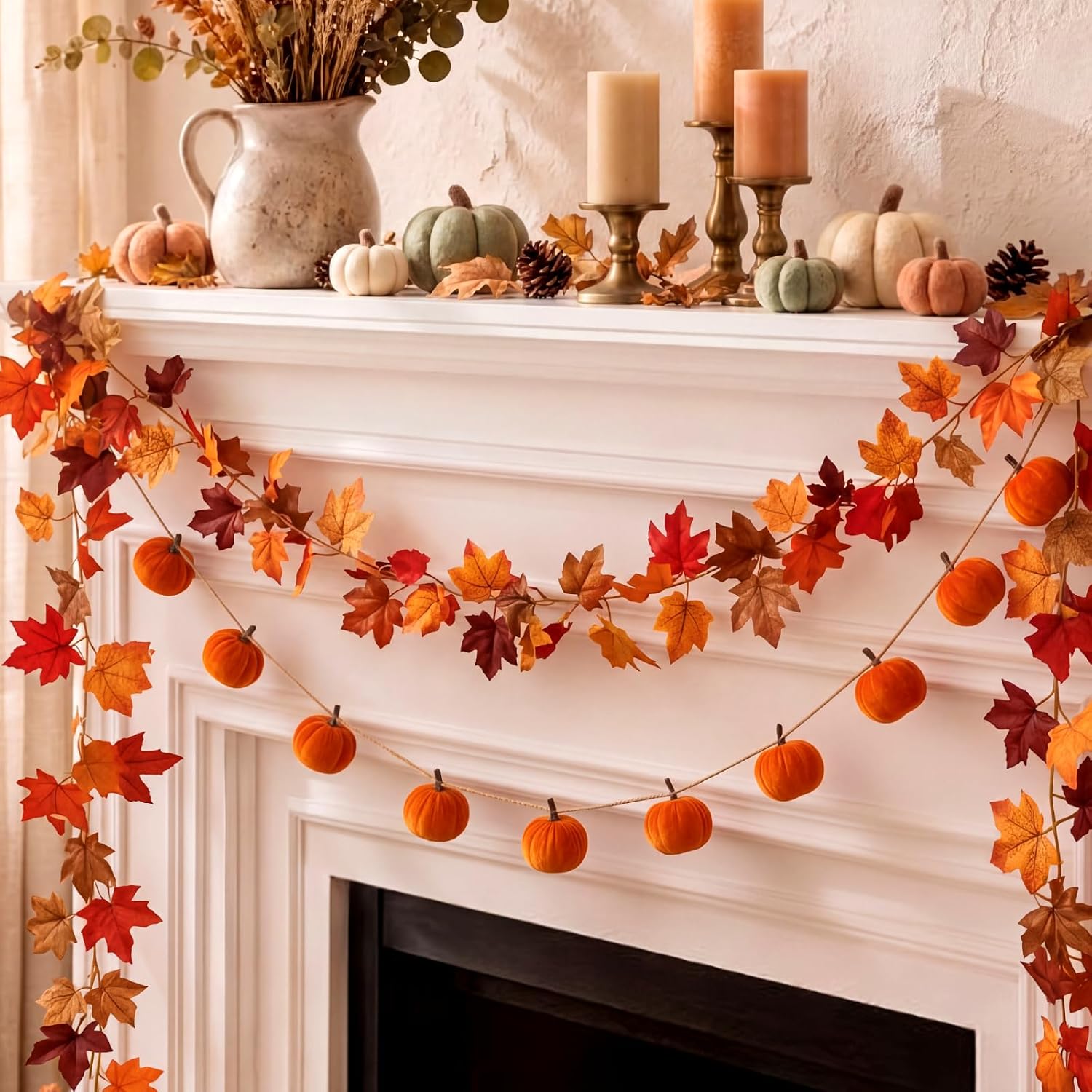 Yinder 2 Pack 6.56 ft Fall Mantle Decor Garland Pumpkins Velvet with 5.8 ft Artificial Maple Leaf Hanging Vine for Fireplace Mantle Wall Autumn Harvest Farmhouse Thanksgiving Home Wedding Decor