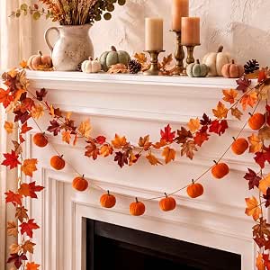 Yinder Fall Garland Set with Velvet Pumpkins and Artificial Maple Leaves