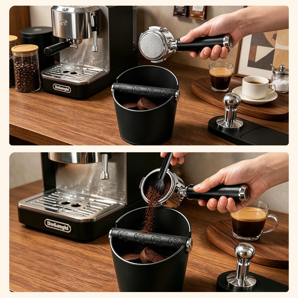 Abklopfbehälter für Siebträger, Espresso Kaffeesatz Abschlagbehälter mit Abnehmbarer Knock Bar und Bürste, Knock Box Espresso für ABS, Rutschfeste Gummibasis, Siebträger zubehör