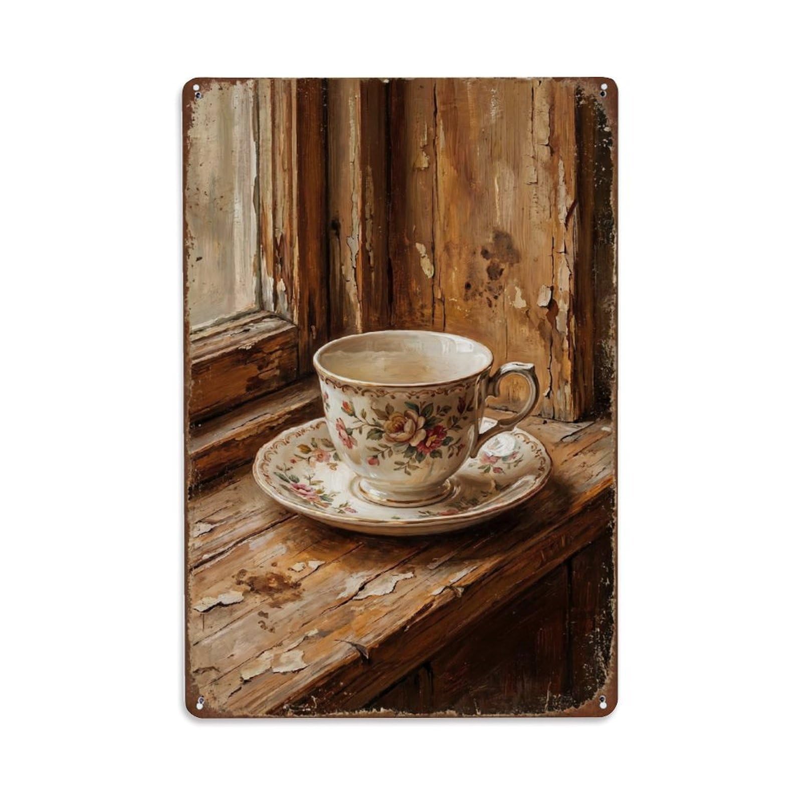 Teacup Saucer Windowsill Kitchen Vintage Metal Tin Sign Plaque Wall Decor for Cafe, Club, Garden Metal Poster 8x12Inch