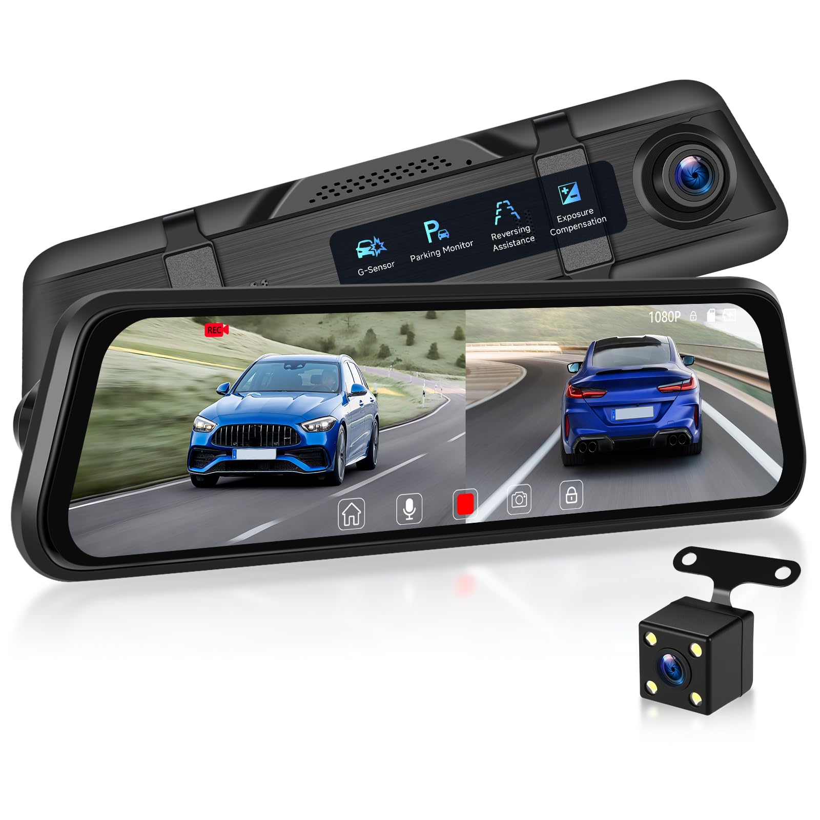 Rimoody Espejo Retrovisor Coche Dash CAM Cámara, 9.66 Pulgadas Pantalla Táctil IPS Espejo Dashcam HDR Vista Delantera y Trasera Cámaras 1080P/Visión Nocturna/Detección de Movimiento/Grabación en Bucle