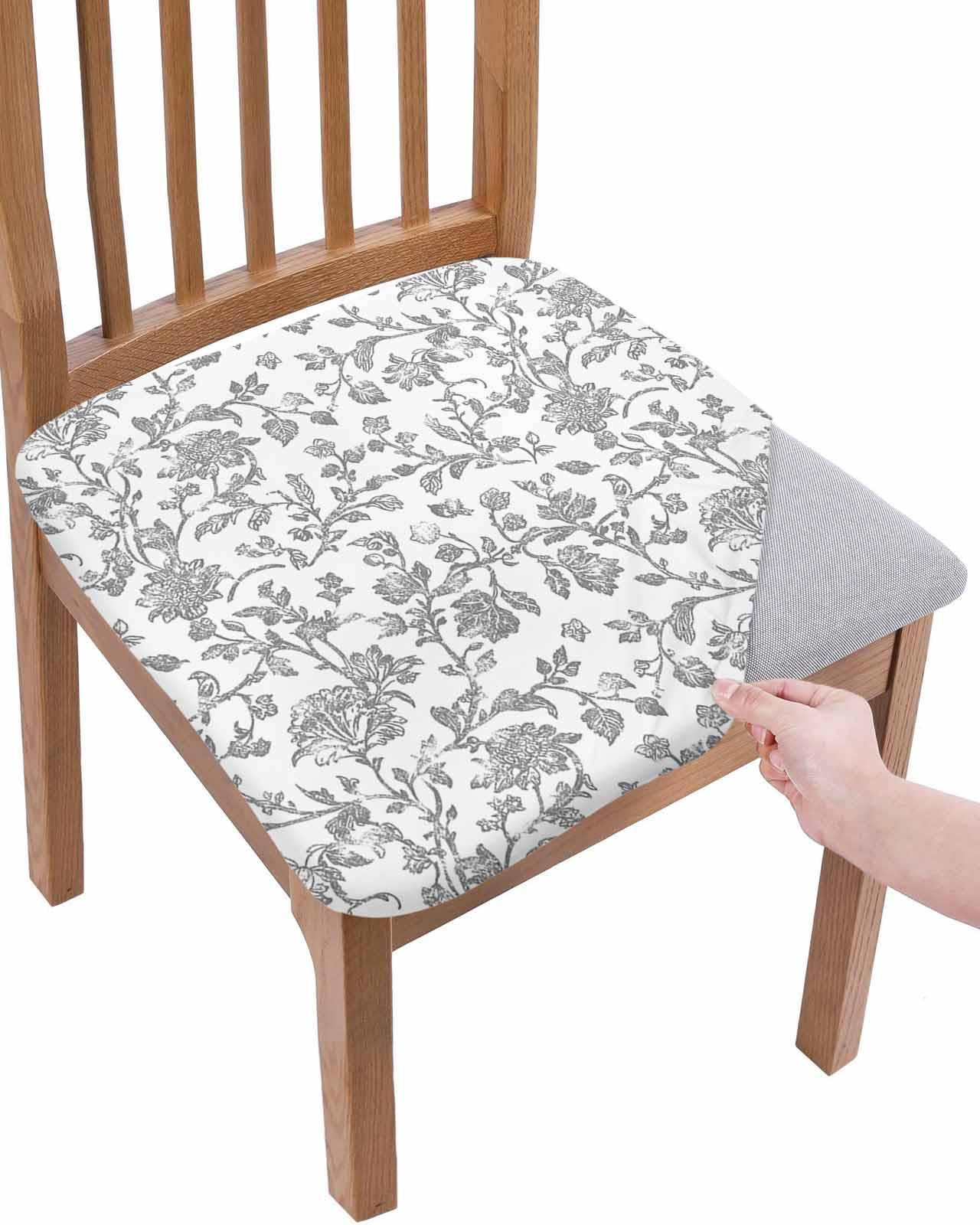 Grey Flower Chair Seat Covers for Dining Room Stretch Chair Seat Covers Set of 4, Vintage Farmhouse Boho Leaf Spring Plant Chair Seat Protector