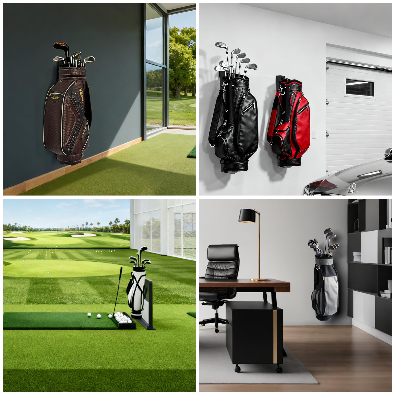 Soporte para bolsas de golf montado en la pared, plegable mejorado, antideslizante, alto grado de libertad
