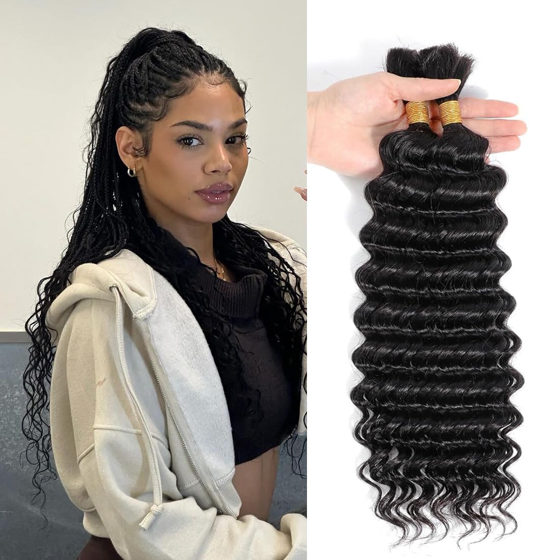 Human Braiding Hair for Boho Braids 16 Inch Deep Wave Bulk Human Hair for Braiding No Weft Brazilian Virgin Curly Human Hair Extension Wet and Wavy Micro Human hair Braiding Hair 2 Bundles/Pack 100g