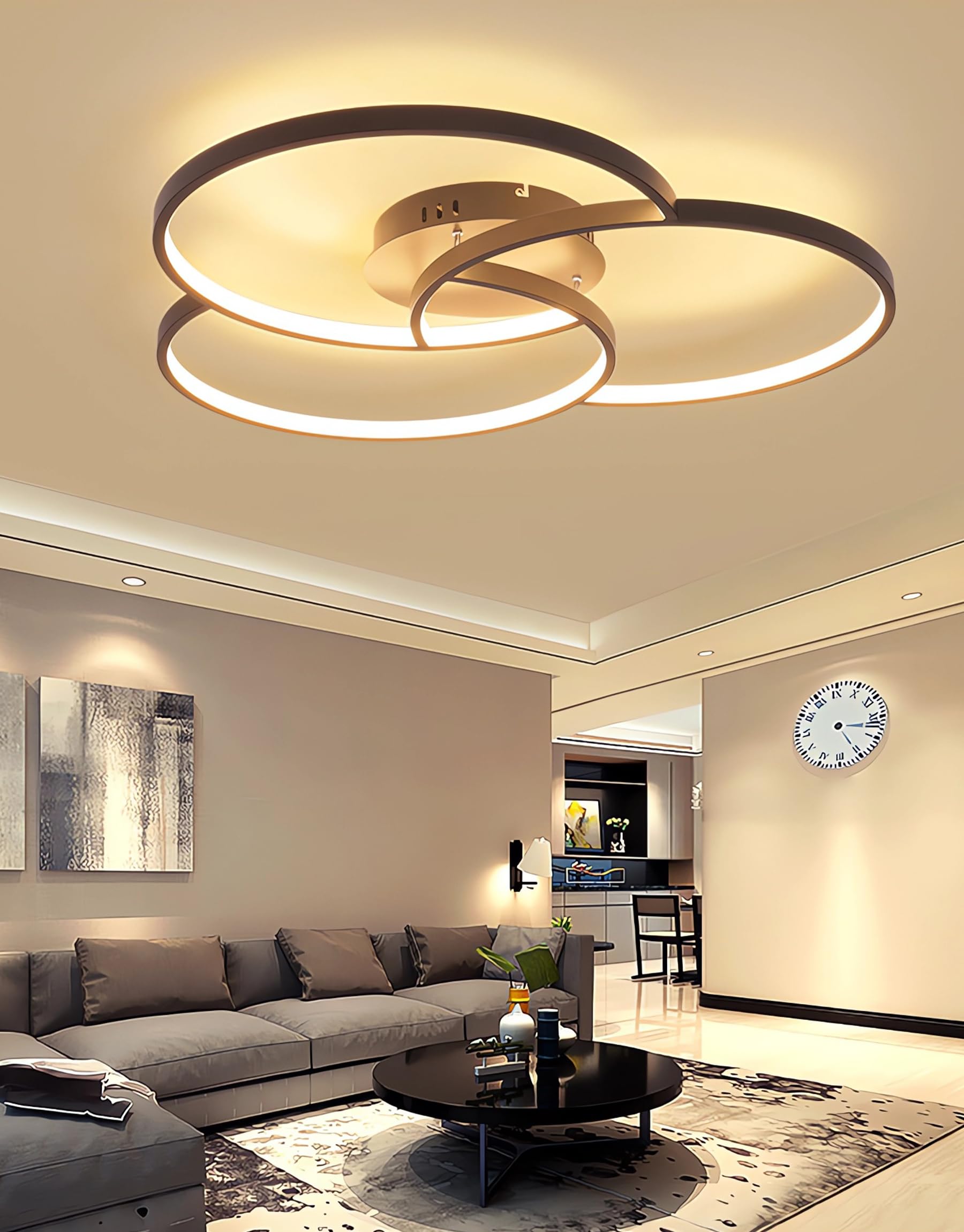 Lampa sufitowa LED Nowoczesne lampy sufitowe Czarne 3-pierścieniowe lampy do salonu Ściemnialne oświetlenie sufitowe do sypialni z pilotem do jadalni kuchni biura gabinetu (90cm)