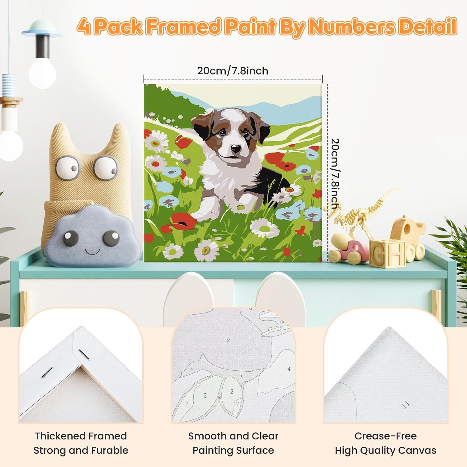 4 Pack Paint by Numbers Kits for Kids with Wooden Frame-Cartoon Animal Painting by Numbers for Kids Adults Beginners, Easy Paint by Numbers Kit Crafts for Kid Paint by Number for Wall Decor(8X8inch)