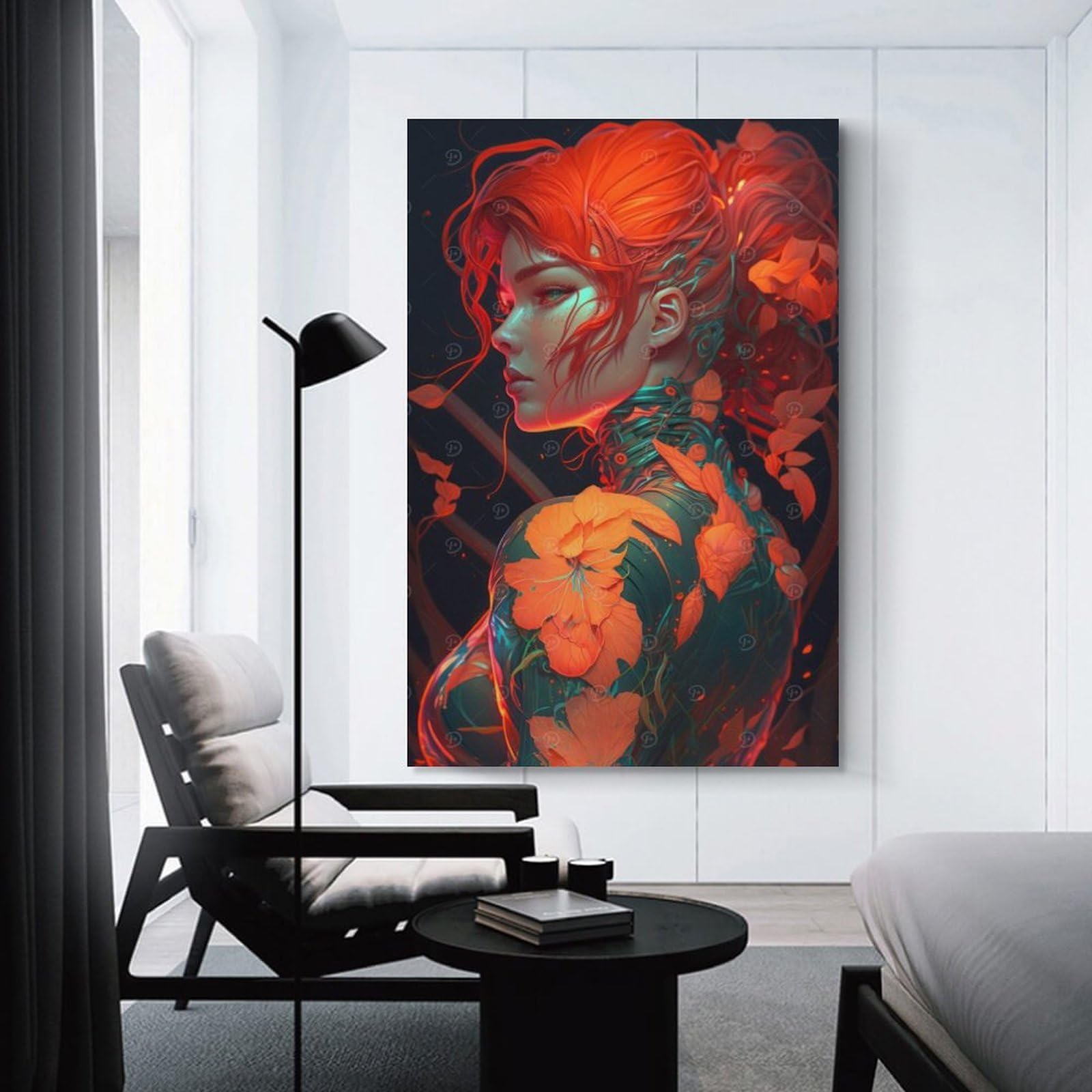 Junmoney Red Floral Cyberpunk Girl Canvas Wall Art, 24x36inch(60x90cm), for Bedroom Decor, Cosy Corners Or Studios, Stylish Decor for A Restful Room Update