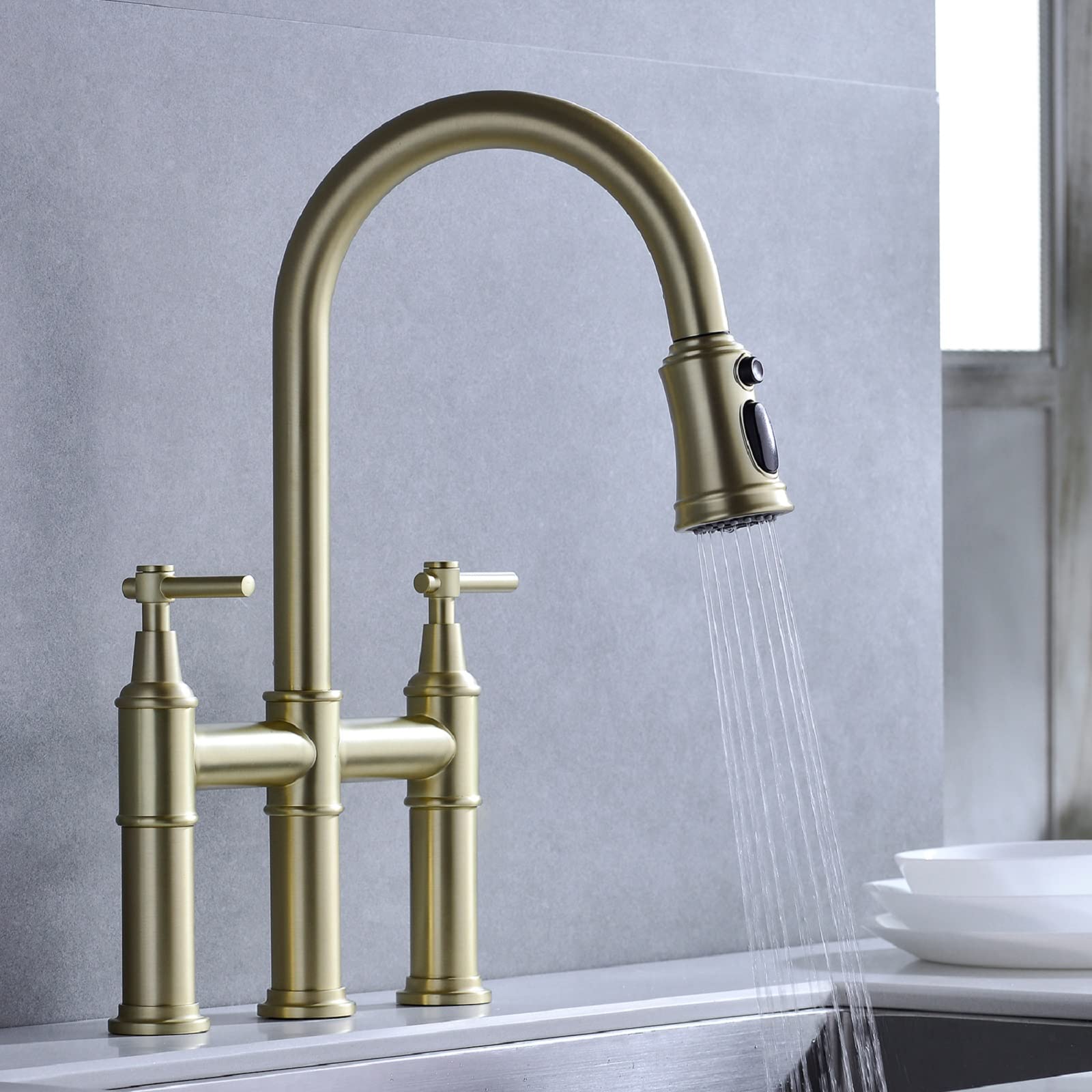 ASerZenith Kitchen Sink Faucet, Multitask Mode Double Handle High Arc Pull Out Kitchen Sink Faucet With Pull Out Sprayer And Brass Valve, Modern Rv Stainless Steel Kitchen Faucets