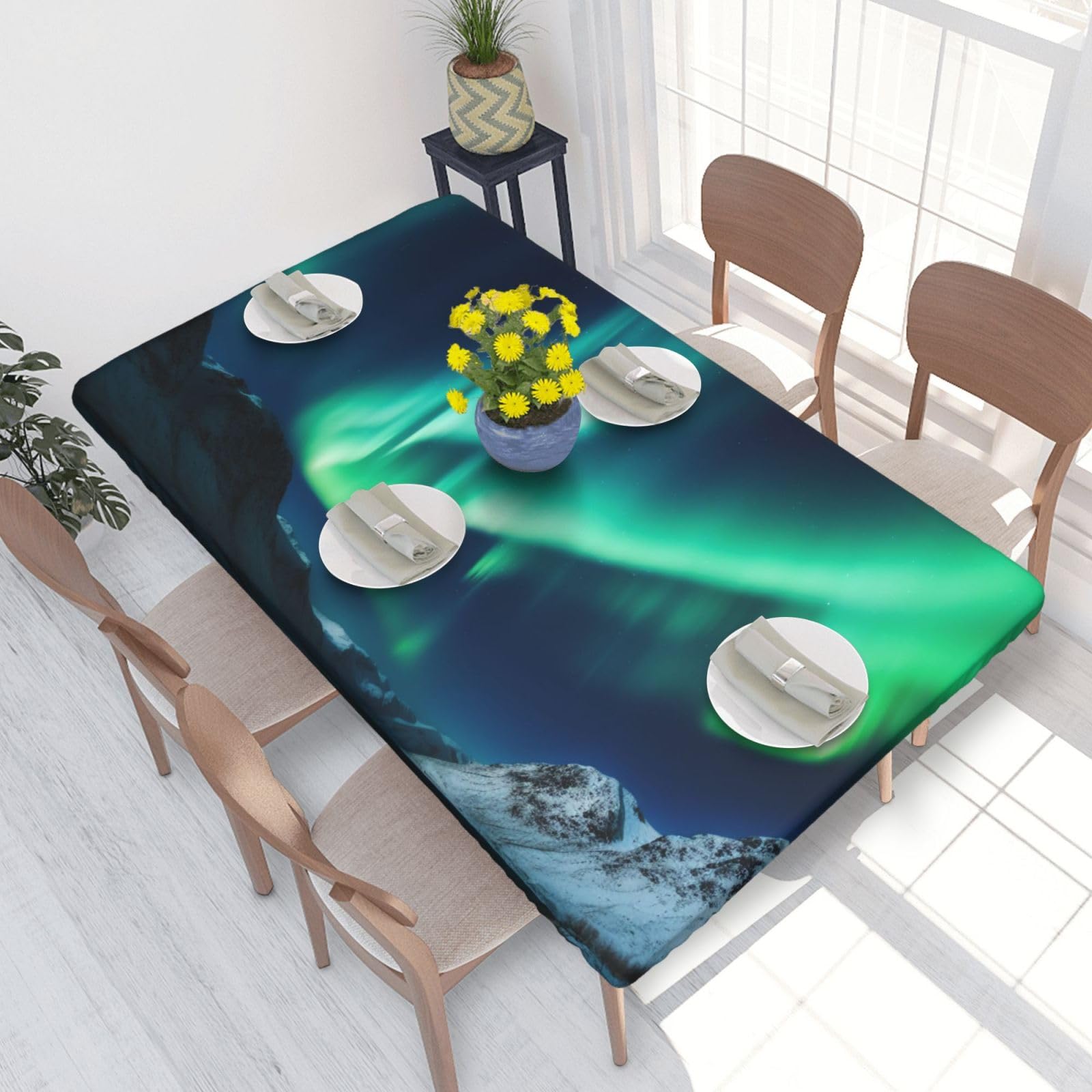 DCARSETCV Northern Lights Printed 4FT Waterproof Tablecloth with Elastic Edged Protect & Decor Your Table, Oil-proof Washable Table Cloth Cover for Dinner Picnic Party