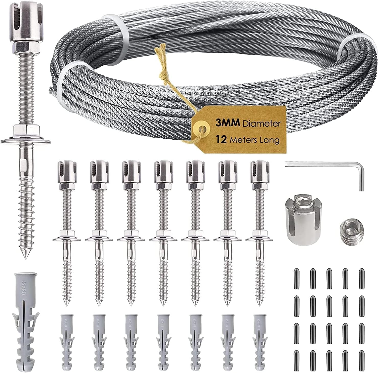 Soporte para Plantas Trepadoras en Acero Inoxidable, Sistema Profesional como Juego Completo con Soportes Murales y Cable de Acero de 3 mm (8 Soportes, 12m Cable)