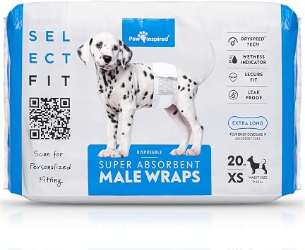 Paw Inspired Select Fit Male Dog Diapers, Disposable Male Wraps with Wetness Indicator| Belly Bands for Small, Medium, Large Dogs X-Small, 20 Count