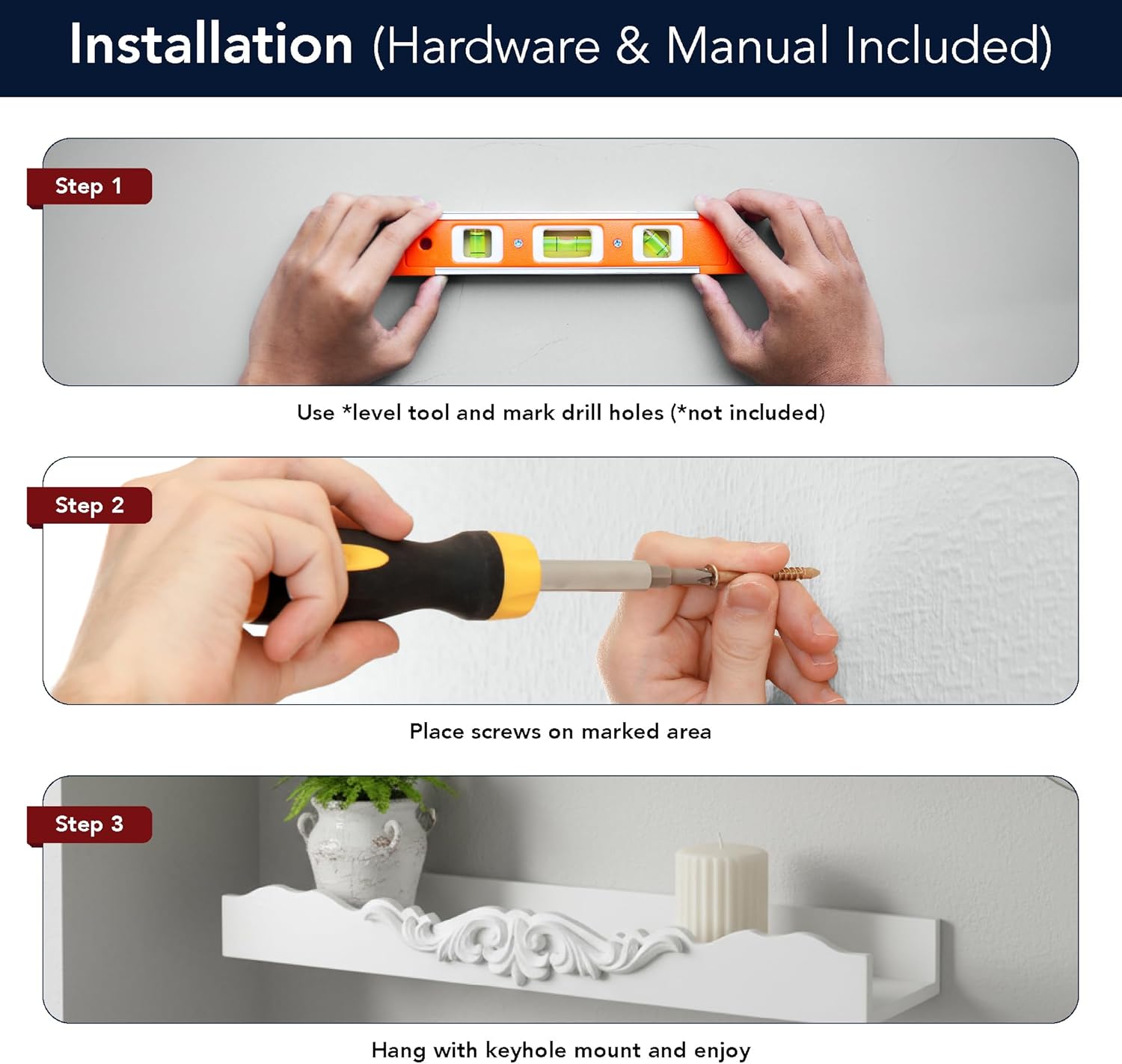 American Art Decor Vintage Ornate 3-Piece Floating Wall Shelf Set, White Shabby Chic French Country Carved Wall Ledge Decor for Small Display & Gallery (Leaf Motifs)