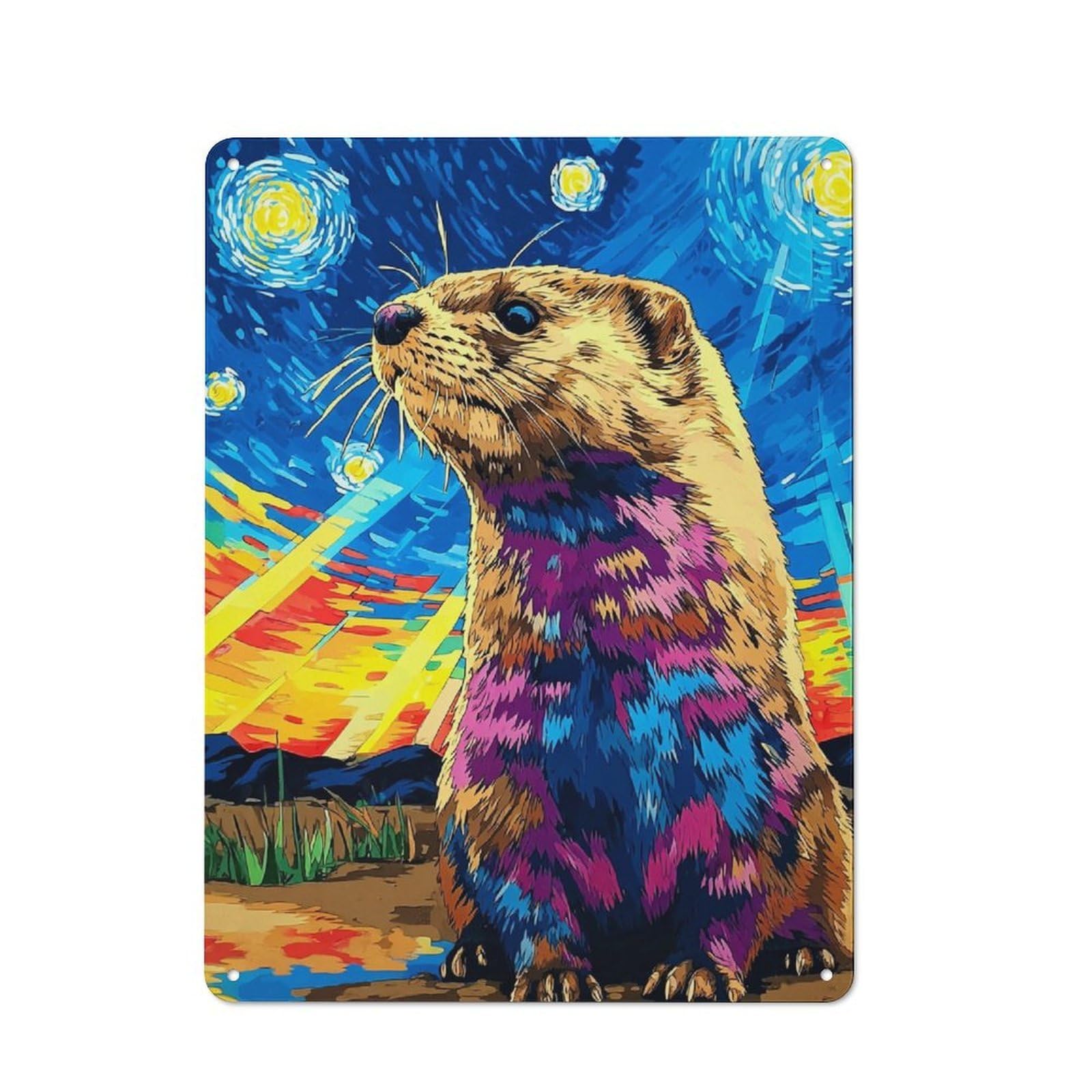 Junmoney Colorful Groundhog In Starry Night Rustic Metal Sign 40X30cm For Café Or Restaurant, Suited To Café Owners And Decorators