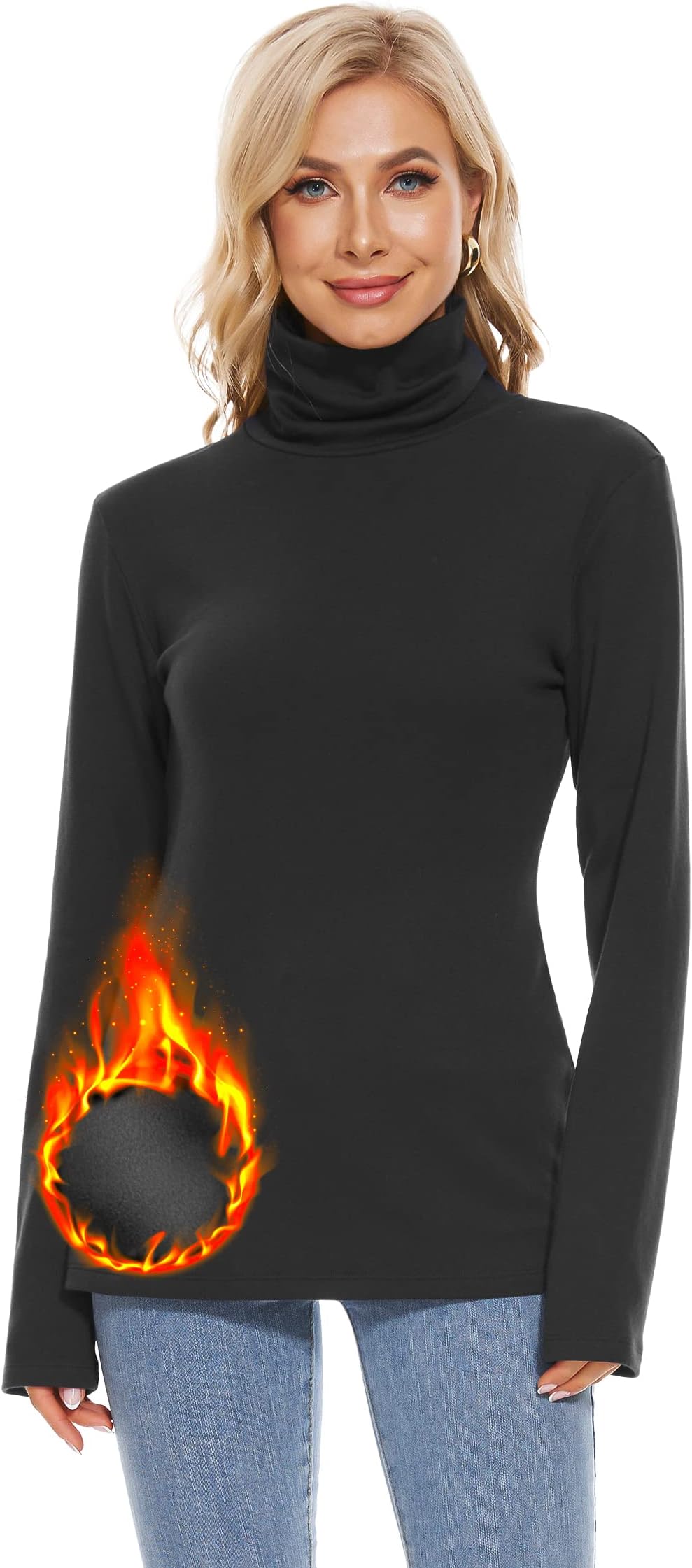 Womens Turtleneck Long Sleeve Top Fleece Lined Sweatshirt Lightweight Ultra Soft Base Layer