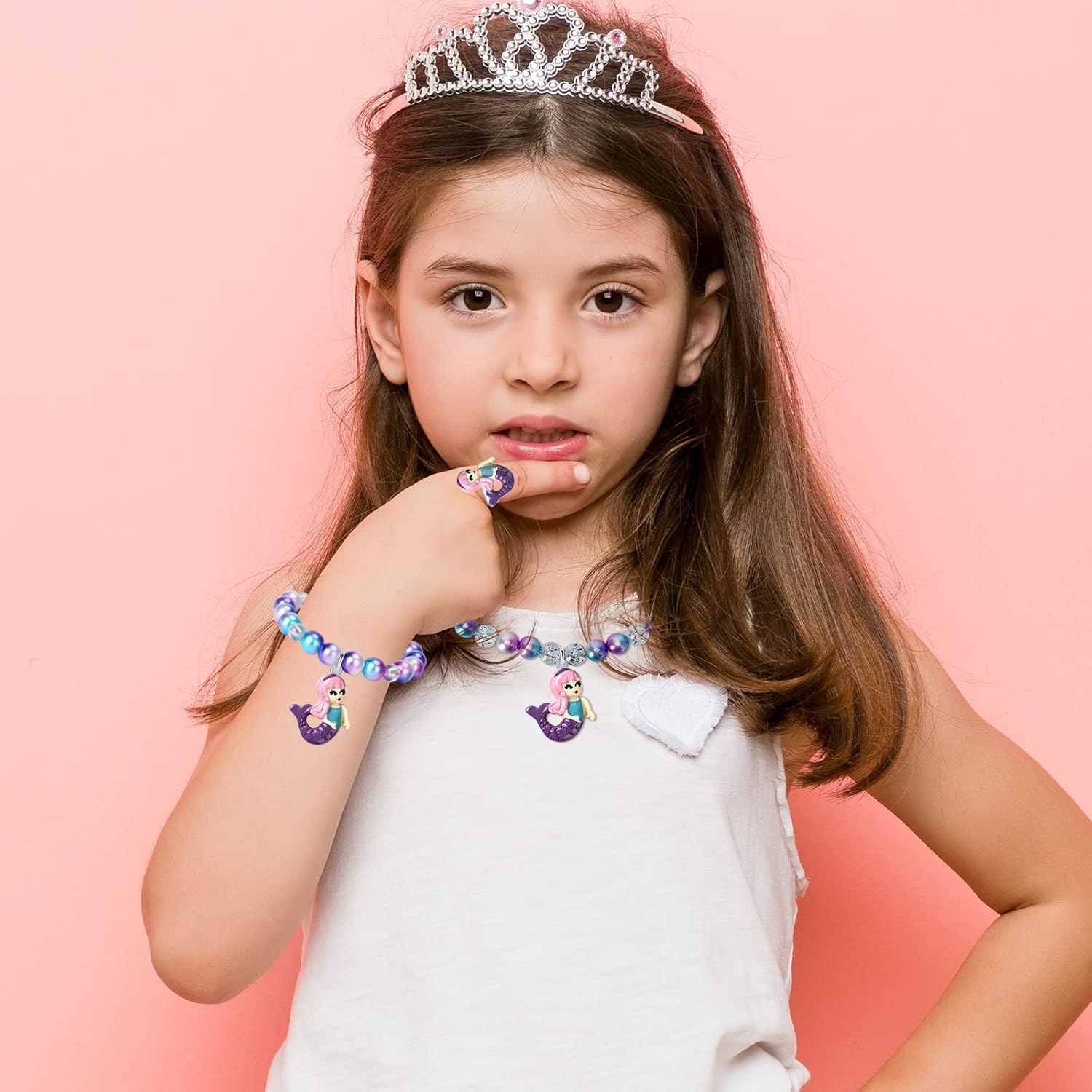 Girls Mermaid Necklace, Bracelet, Ring Set - Dress Up Pretend Play Jewelry Gifts for Kids & Toddlers - Mermaid Party Costume Supplies - Image 4