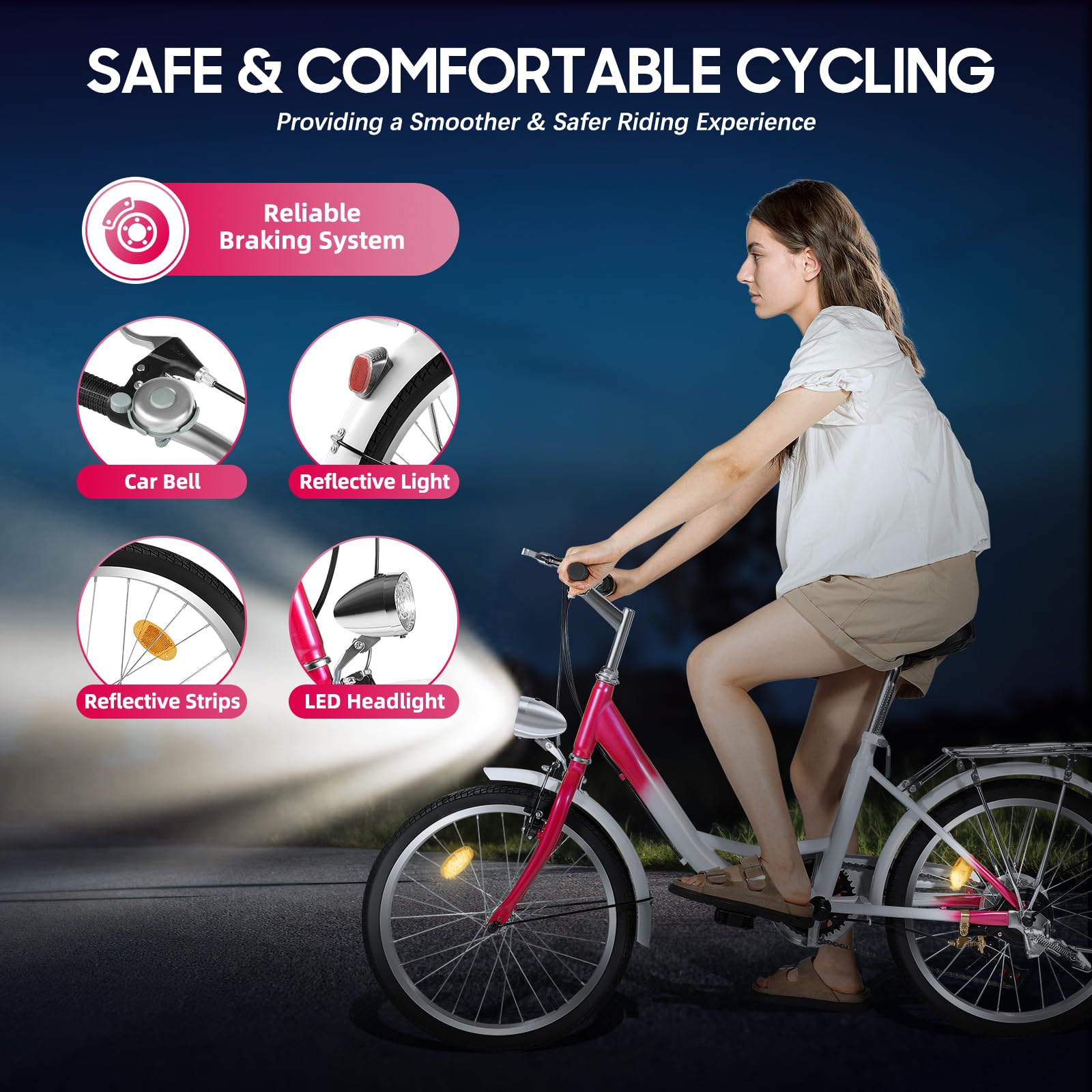 Vélo de ville 20 pouces, capacité de charge 90 kg, 6 vitesses, cadre en acier avec éclairage LED et porte-bagages pour la ville, la plage, l'utilisation quotidienne