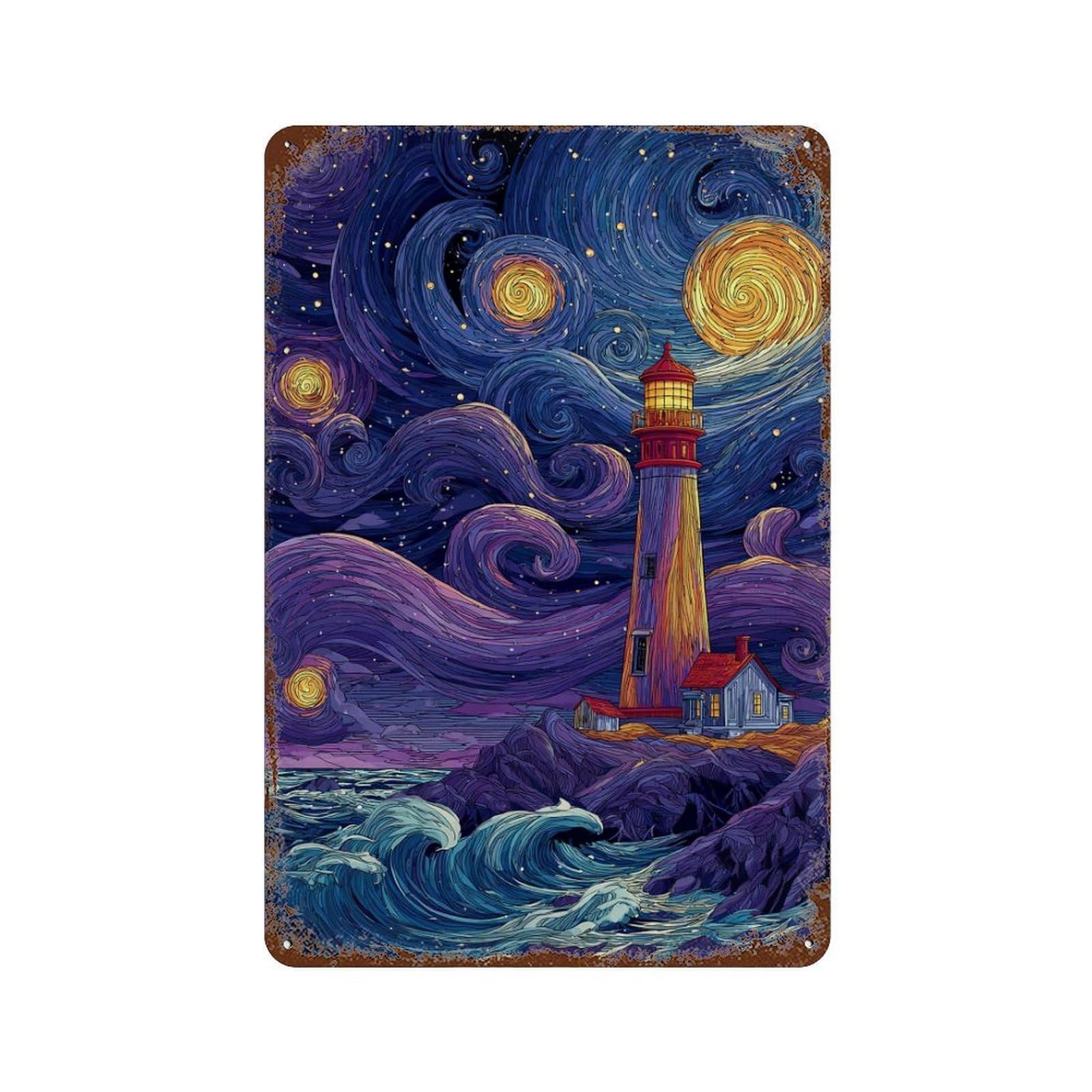 Retro Metal Sign with Starry Night Lighthouse -6 Design 11.8"x7.9", for Shed, Workshop And Garage Wall Decor, Old School Wall Decor
