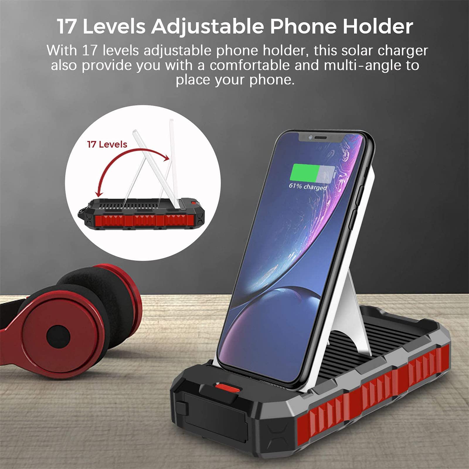 WFEI Banca di Carica del Caricatore Solare, Carica Rapida, Carica Wireless, Caricabatterie Portatile con Torcia Elettrica, Impermeabile per Esterno, Compatibile con Smartphone