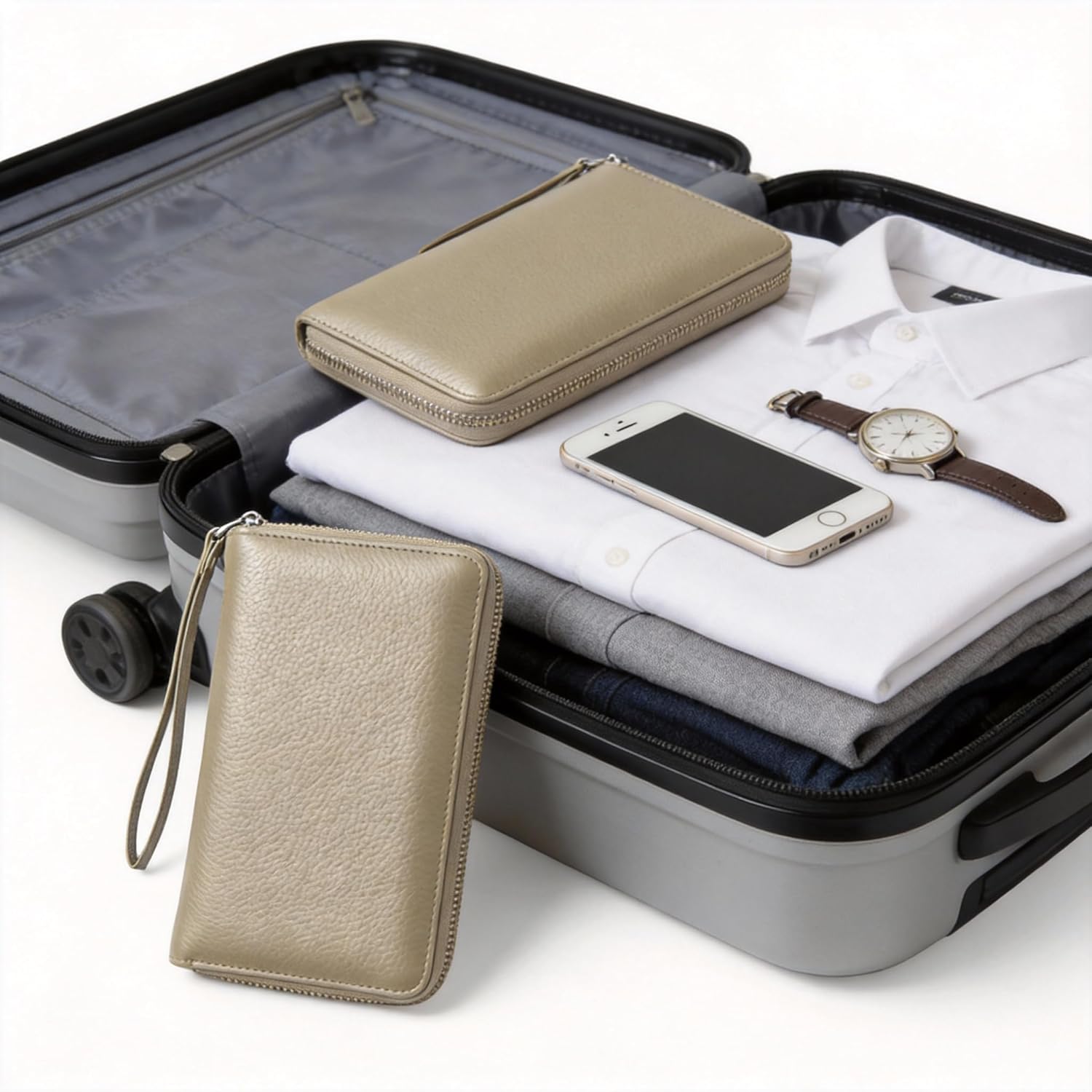 Rfid Blocking Passports Holder Travel Zipper Wallet Cowhide Passport Wallets Multi-Function With Card Holders Sim Slots And Card Ejector Tool,Gift Luggage Tags(Ivory Ash)
