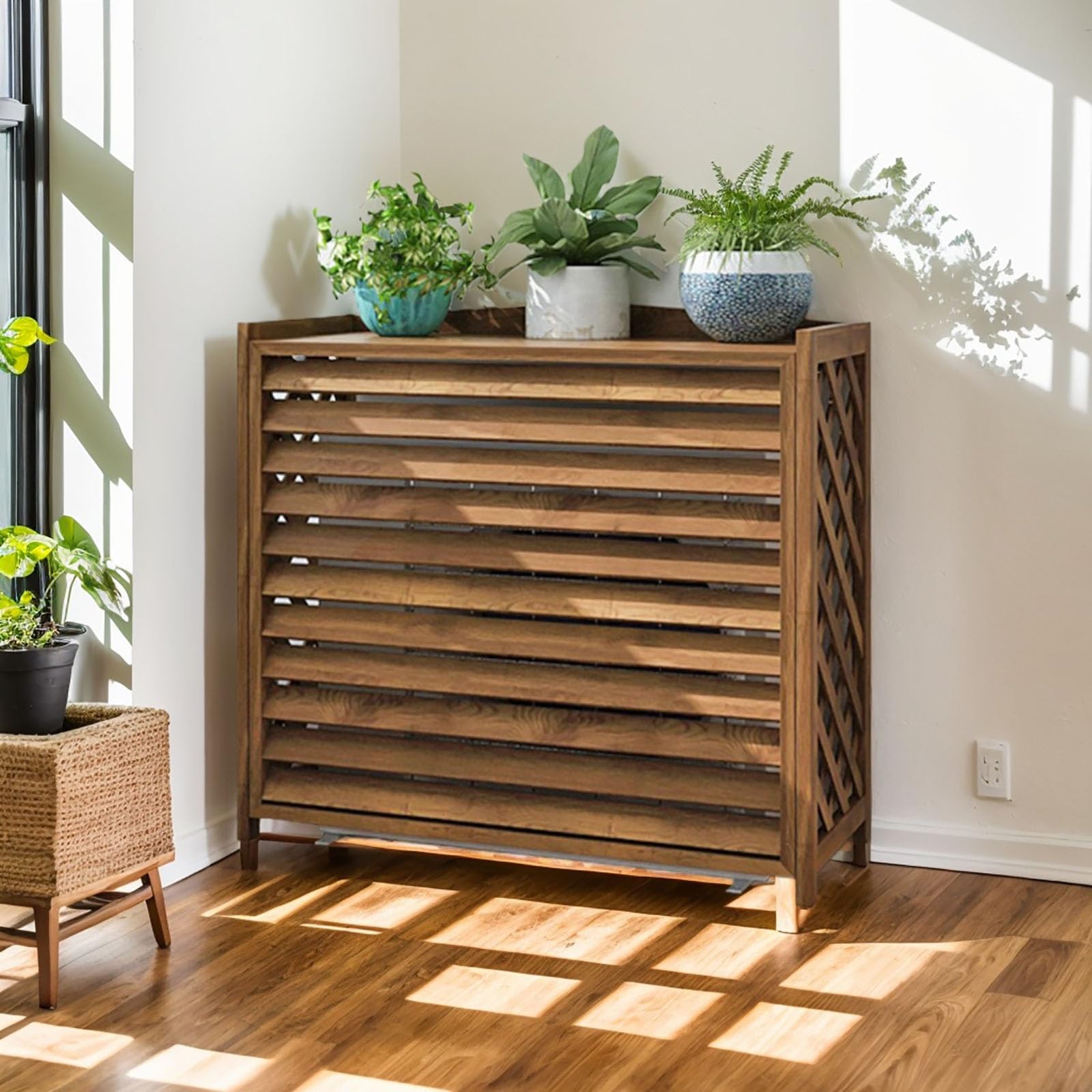 Housse climatiseur extérieur en bois avec ventilation et pare-soleil