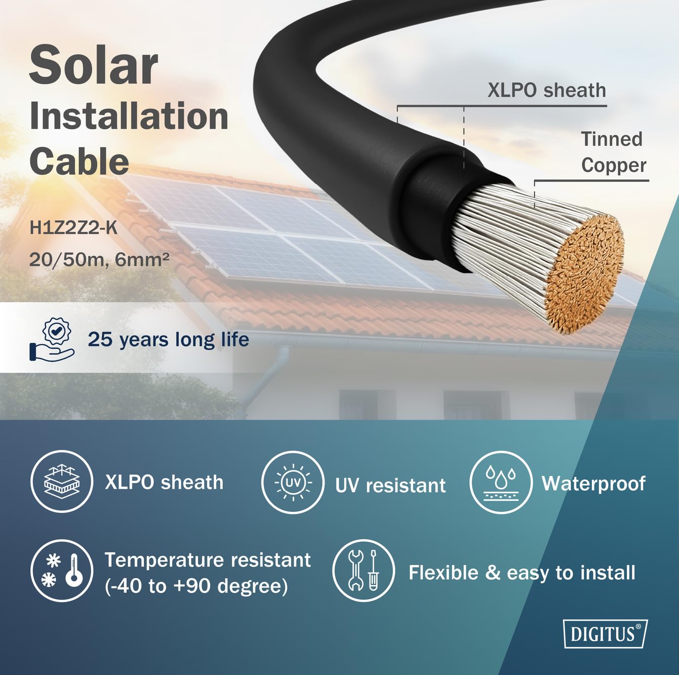 DIGITUS Cable de instalación solar – 20 m – sección del conductor de 6 mm² – H1Z2Z2-K – funda XLPO – resistente a los rayos UV y a la intemperie – cable solar para sistemas fotovoltaicos – negro