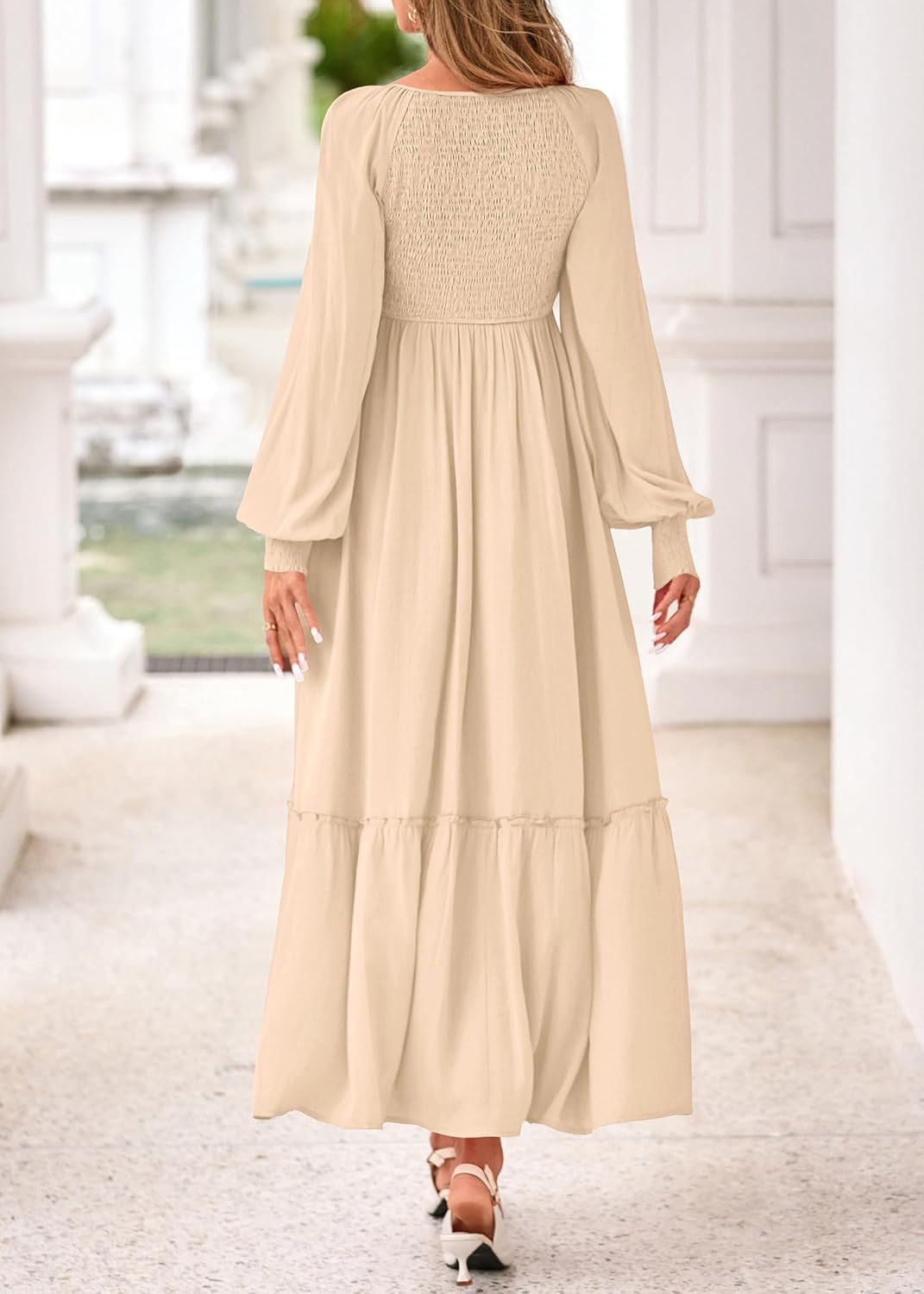 KIRUNDO Casual Fall Dresses for Women 2026 Flowy Long Sleeve Maxi Dress Smocked Empire Waist Square Neck Wedding Party - Image 2