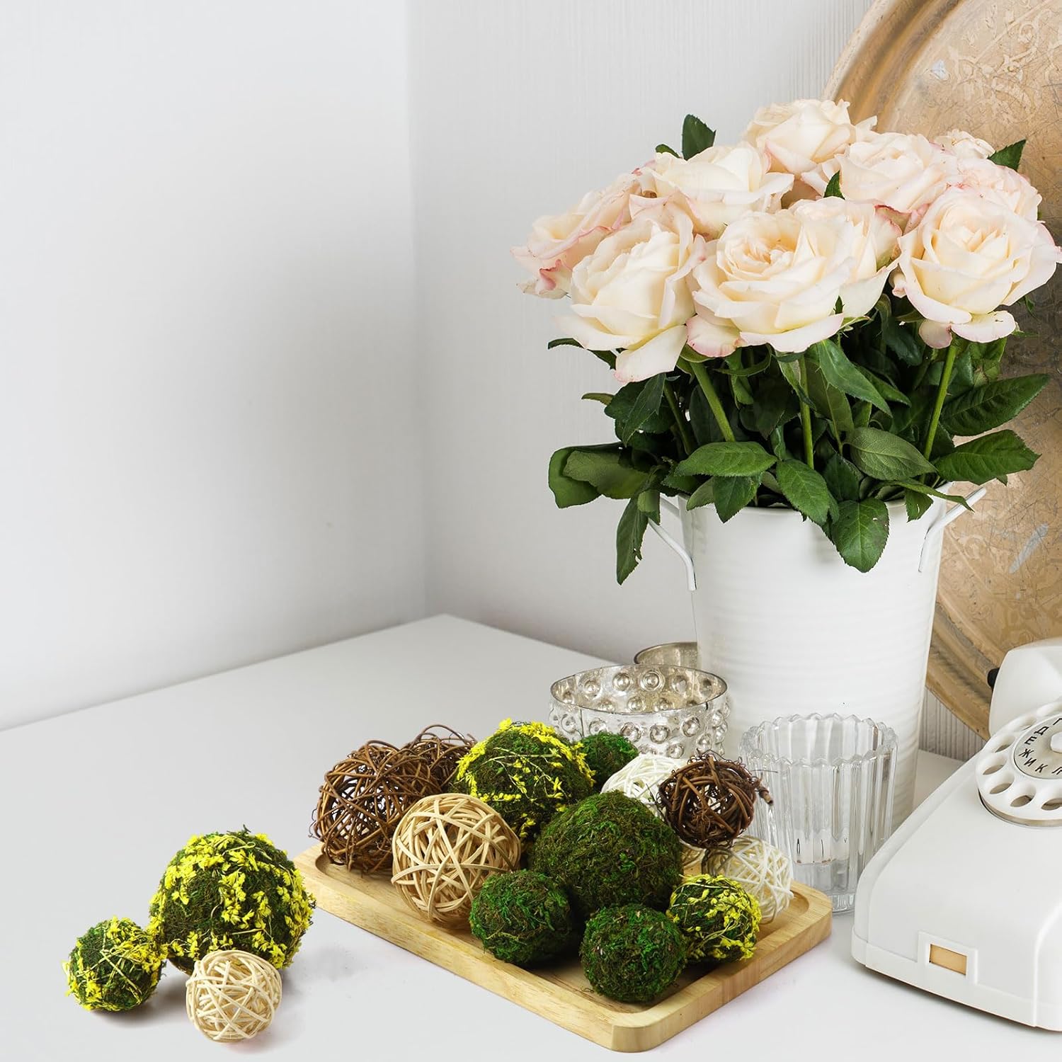 Yunsailing 36 Pcs Moss Decorative Balls for Centerpiece Bowls and Rattan Wicker Balls Handmade Orbs Spherical Assorted Vase Filler Tabletop Decor for Garden Wedding Party (Rustic, Retro Colors)