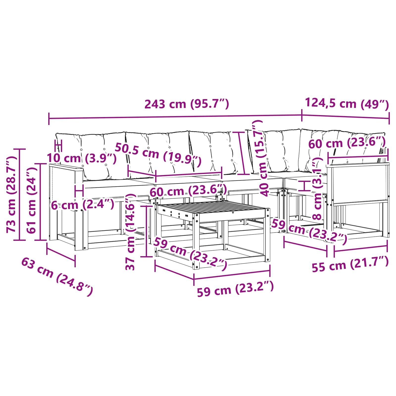 Gartenmöbelgarnitur mit 6 Teilen aus massivem Akazienholz und wetterfestem Textilene für Garten, Terrasse und Poolbereich, inklusive Kissen, Tisch, Sofas und Armlehnen