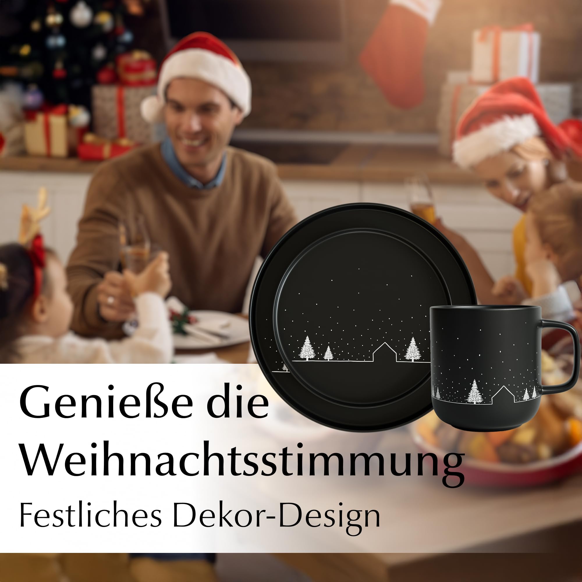 MIAMIO - Geschirrset/Tafelservice, Weihnachtsgeschirr (12-Teilig) - Vinter | Keramik Geschirrset mit Tellern und Tassen, Tafelservice Weihnachten, Geschirr Weihnachten, Geschenk Set - spülmaschinenfest