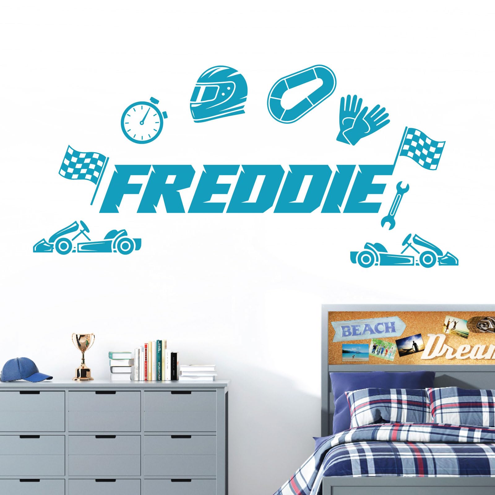 Personalised Name Children Wall Art Sticker - Car Racing, Racer, Formula 1 [Large] [Sky]