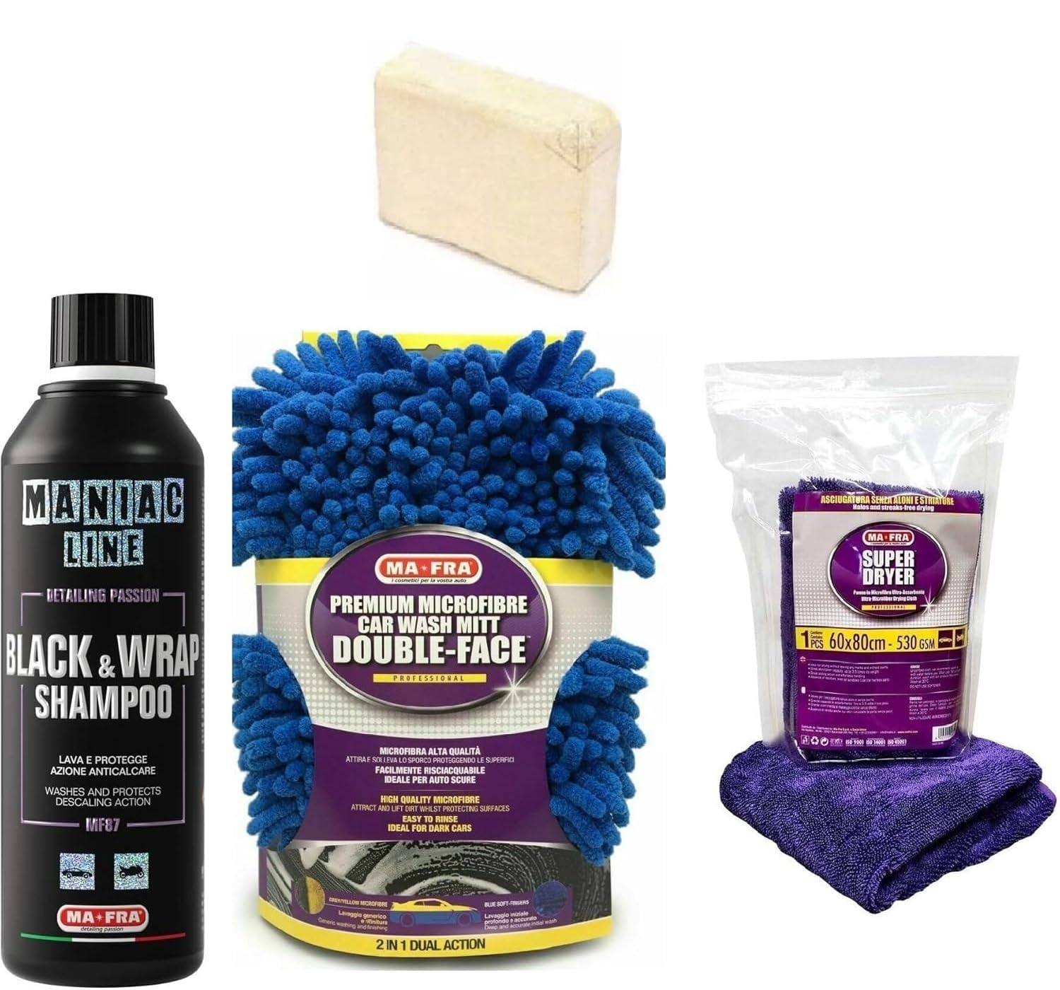 KIT SUPER DRYER + GUANTO DOUBLE FACE +MANIAC LINE BLACK & WRAP SHAMPOO FOR CAR DETAILING Shampoo 2in1 Lucente Antimacchia + SPUGNETTA IN PELLE IN OMAGGIO