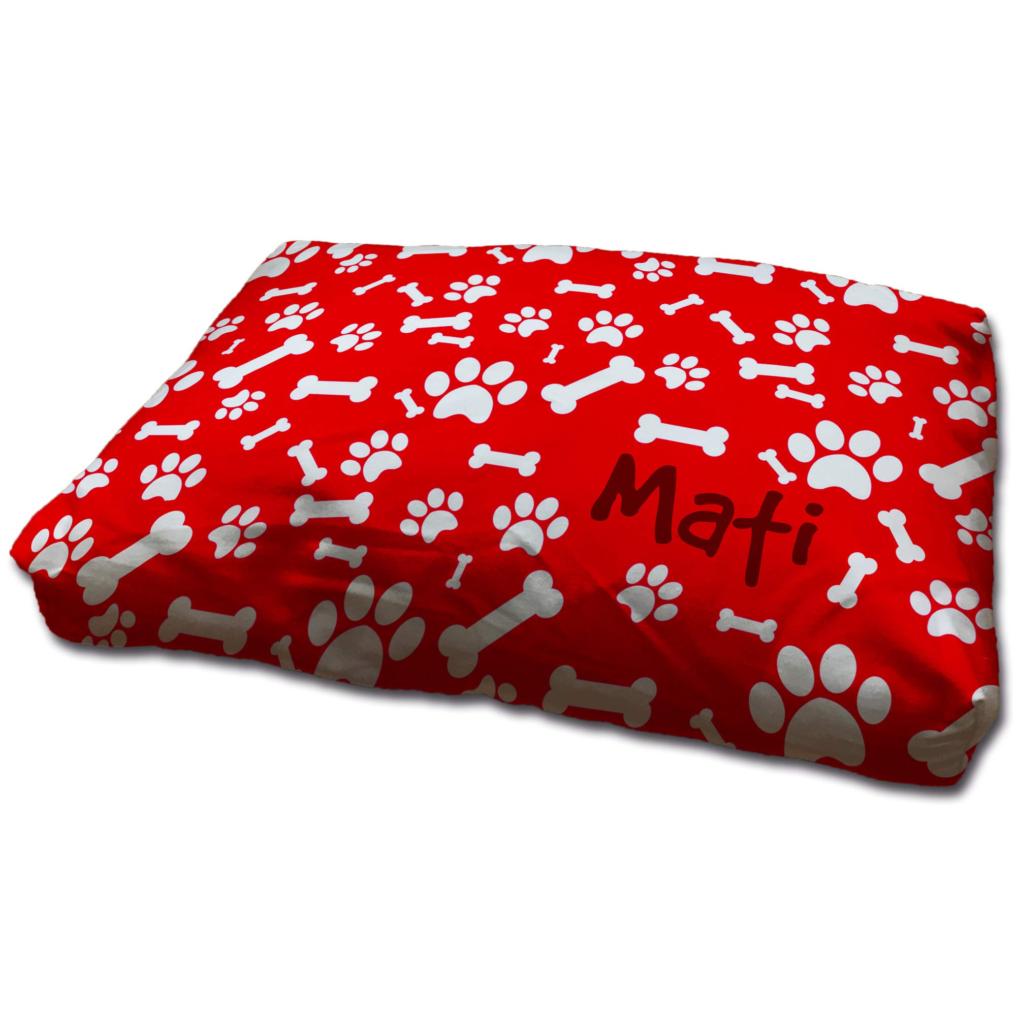 Cama Perro. Cama Original para Perros. Personalizada con Nombre/Foto. Cama para Perros Grandes/Medianos/Pequeños. Colchon de Perro Lavable y Funda Desenfundable. Huellas Rojas