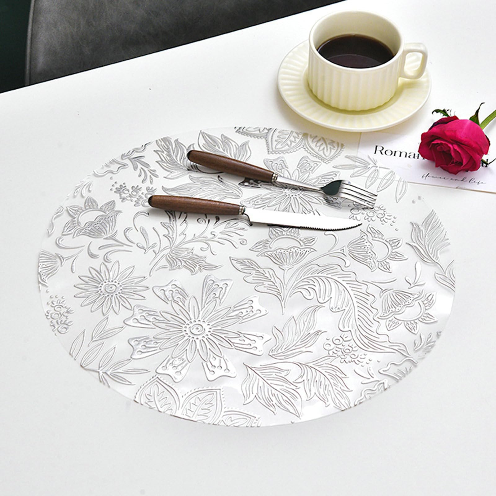 Set de table rond en PVC argenté Daesar x8 avec motifs tulipes chic de 38 cm