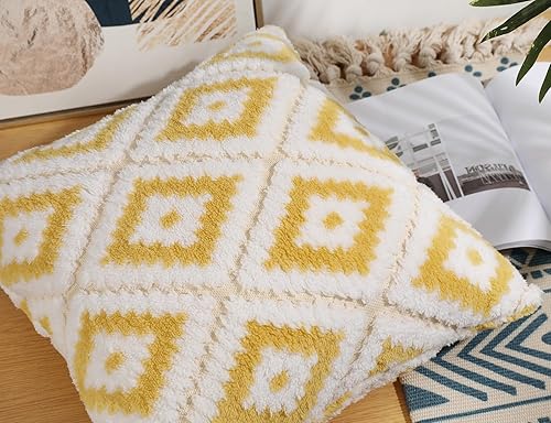 Miniatura 3 de NUYECY Fundas de almohada bohemias de piel sintética de 24 x 24 pulgadas, color amarillo, felpa súper suave, mullida, decorativa, patrón de tablero