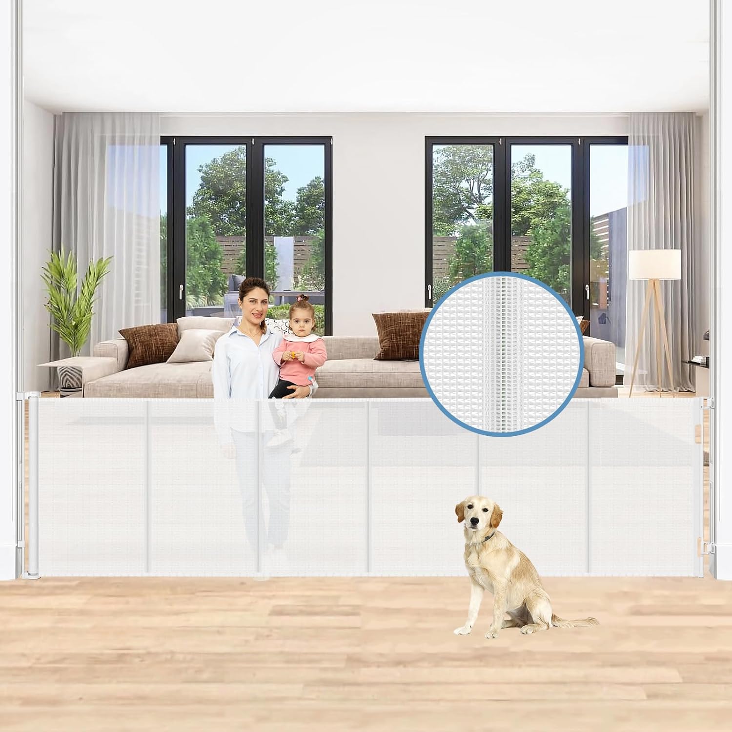 Reinforced 150 Inch Extra Wide Retractable Baby Gates with Reinforced Rods, Retractable Dog Gate Prevent Bottom Crawling Through, Mesh Pet Gate for Large Openings, White