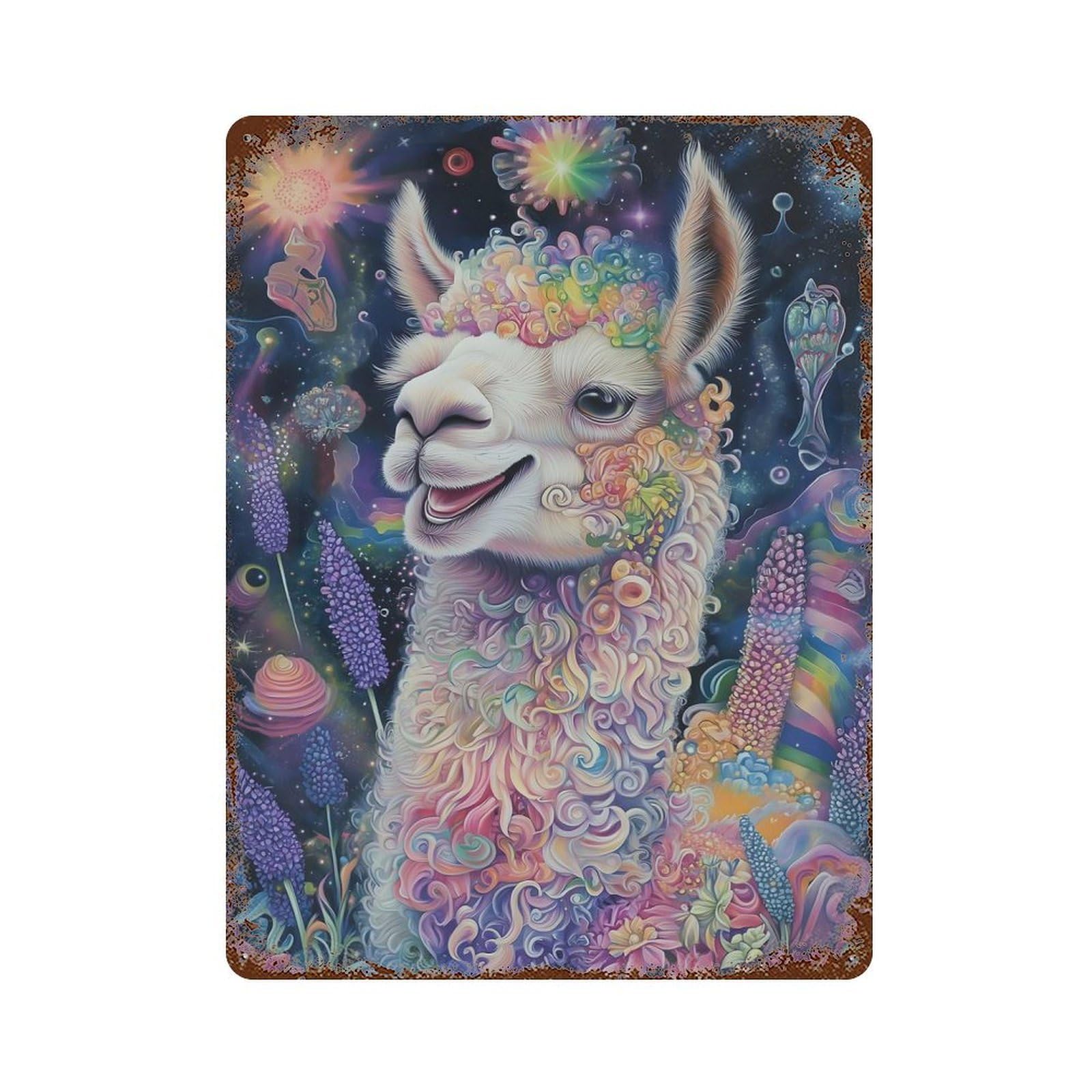 Psychedelic Floral Llama - Vibrant Fine Art Portrait Vintage Wall Sign 15.7"x11.8", Rust Effect Metal Decor for Cafe, Home Bar And Lounge Decor
