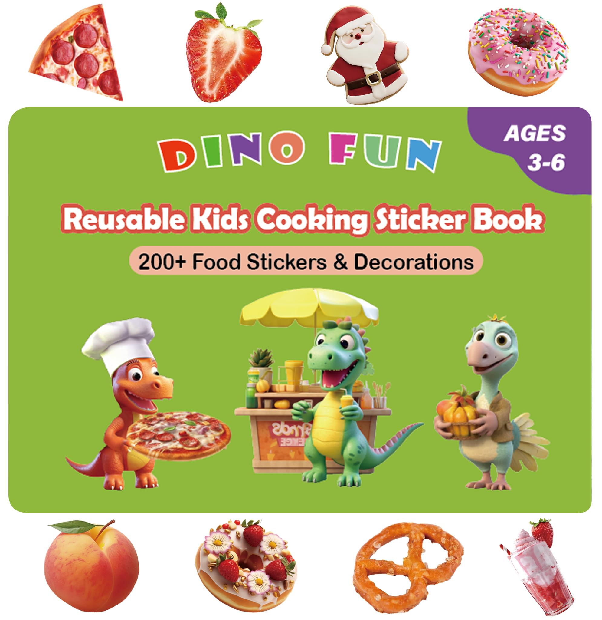 Dino Fun Cooking Food Reusable Sticker Book for Kids,11 Scenes + Over 200 Food Stickers,Treats Sticker Book for Toddlers 3-6 Years,Removable Decoration Snack Stickers,Make A Face Cupcake Sticker