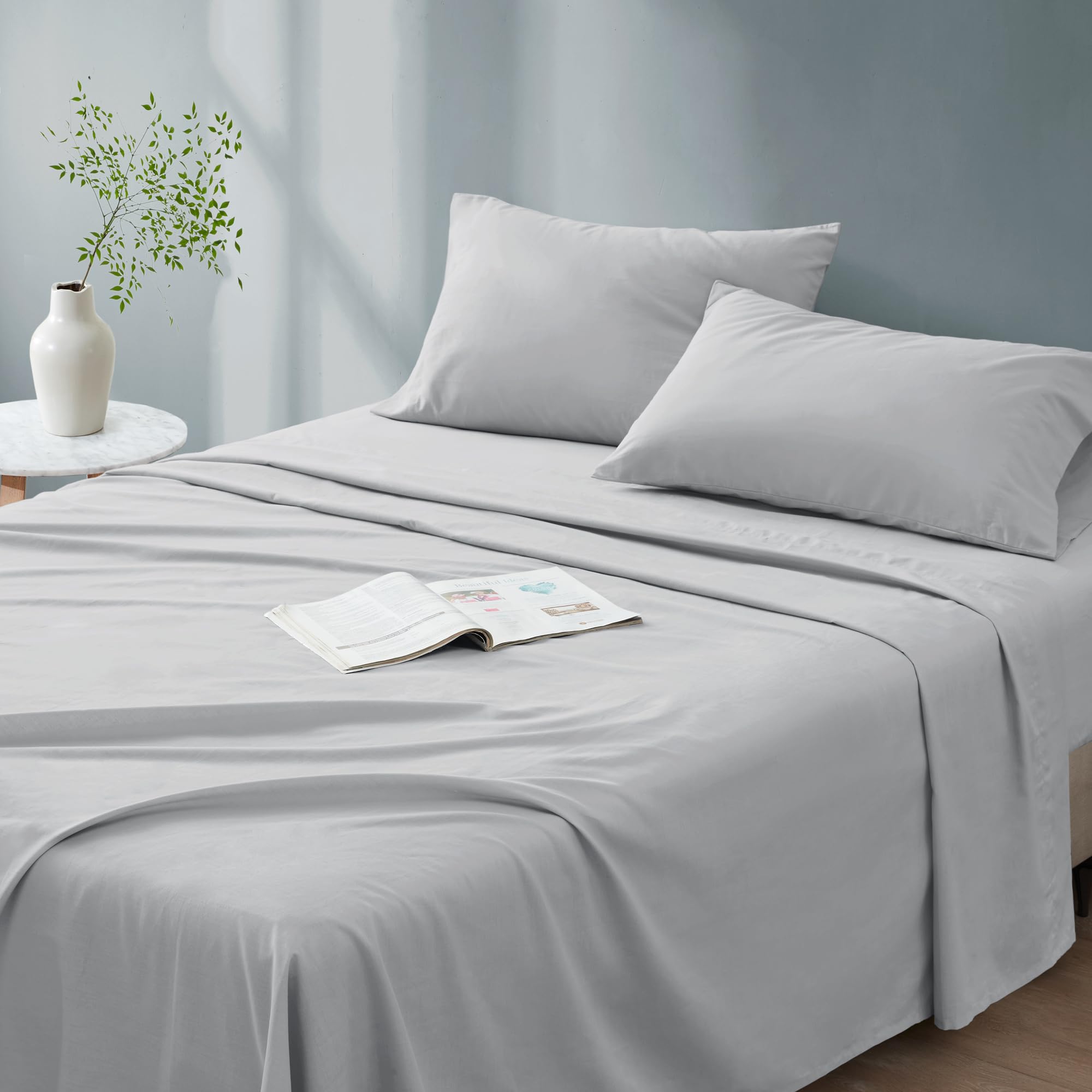 Comfort Spaces 100% Cotton Sheet Set Breathable, Lightweight, Soft with 12" Elastic Pocket Fits up to 14" Mattress, All Season Cozy Bedding, Matching Pillow Case, Twin Grey 3 Piece